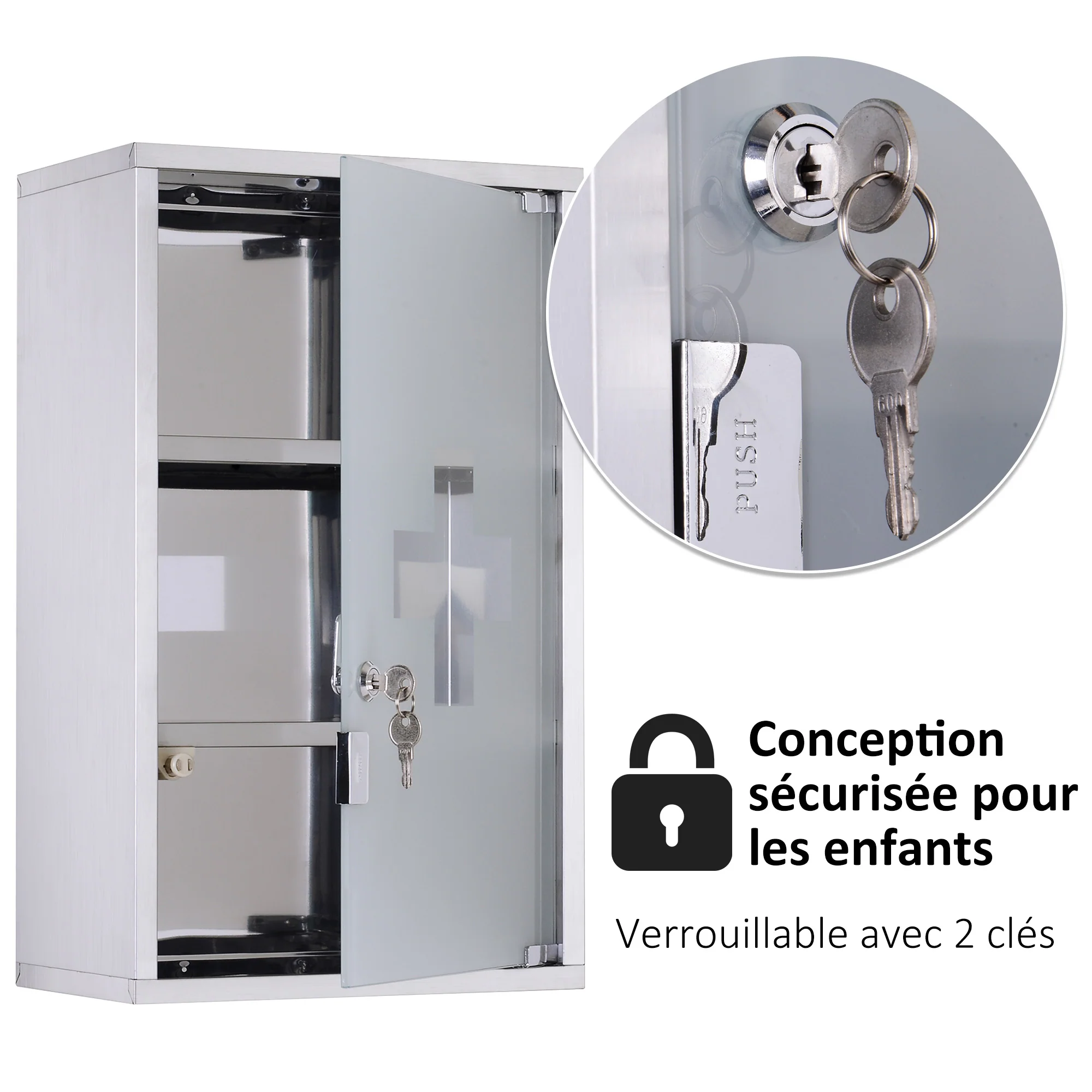Armoire à pharmacie murale à 3 niveaux en acier inoxydable avec porte verrouillable en verre avec 2 clés étagères de rangement argent - Image 5