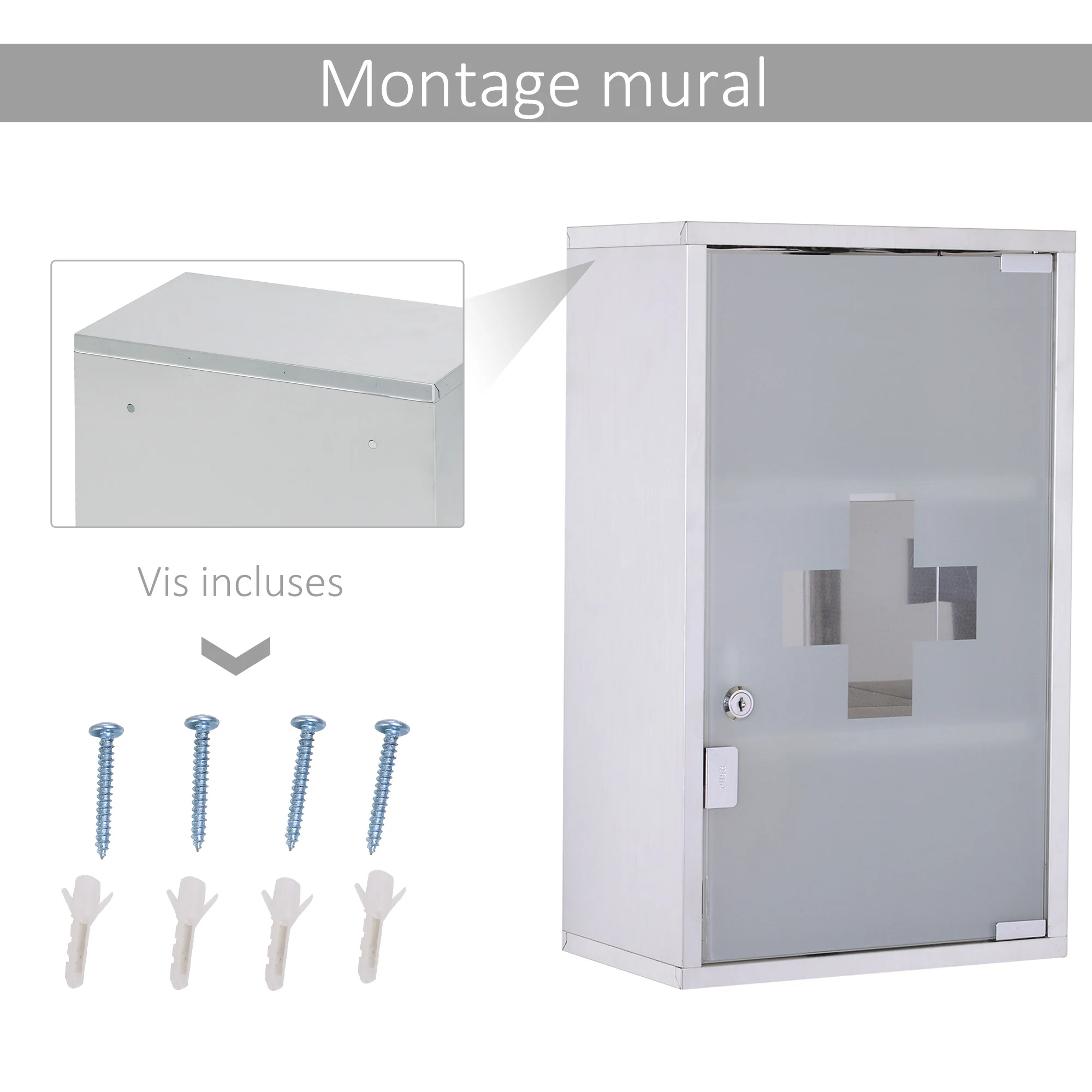 Armoire à pharmacie murale à 3 niveaux en acier inoxydable avec porte verrouillable en verre avec 2 clés étagères de rangement argent - Image 6