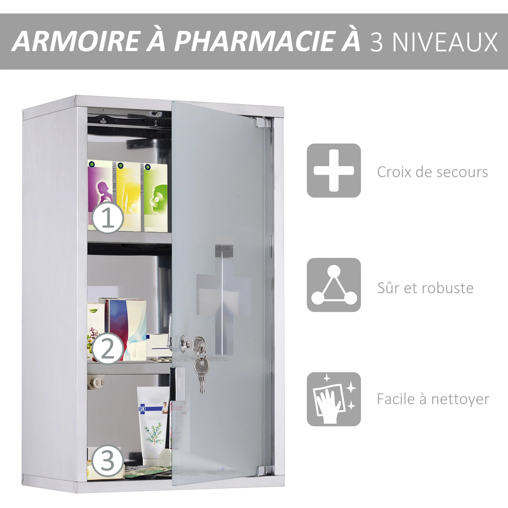 Armoire à pharmacie murale à 3 niveaux en acier inoxydable avec porte verrouillable en verre avec 2 clés étagères de rangement argent - Image 7