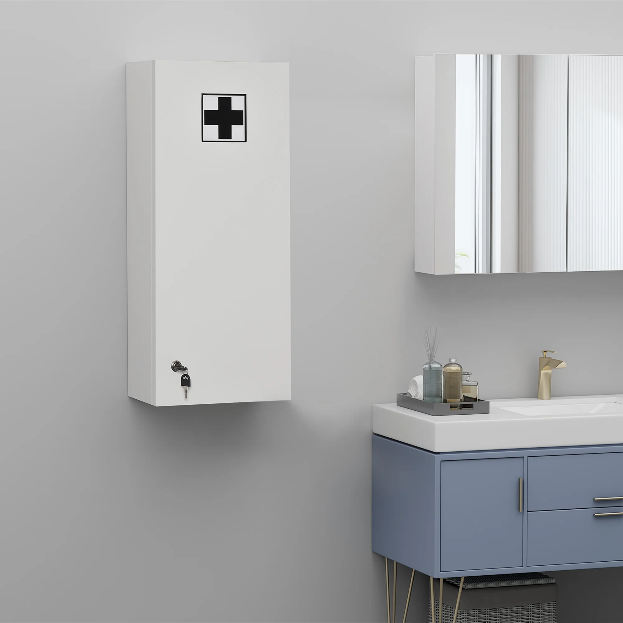 Armoire à pharmacie murale avec serrure, 5 étagères et tablettes réglables, bois et verre, blanc, 30x20x70cm - Image 3