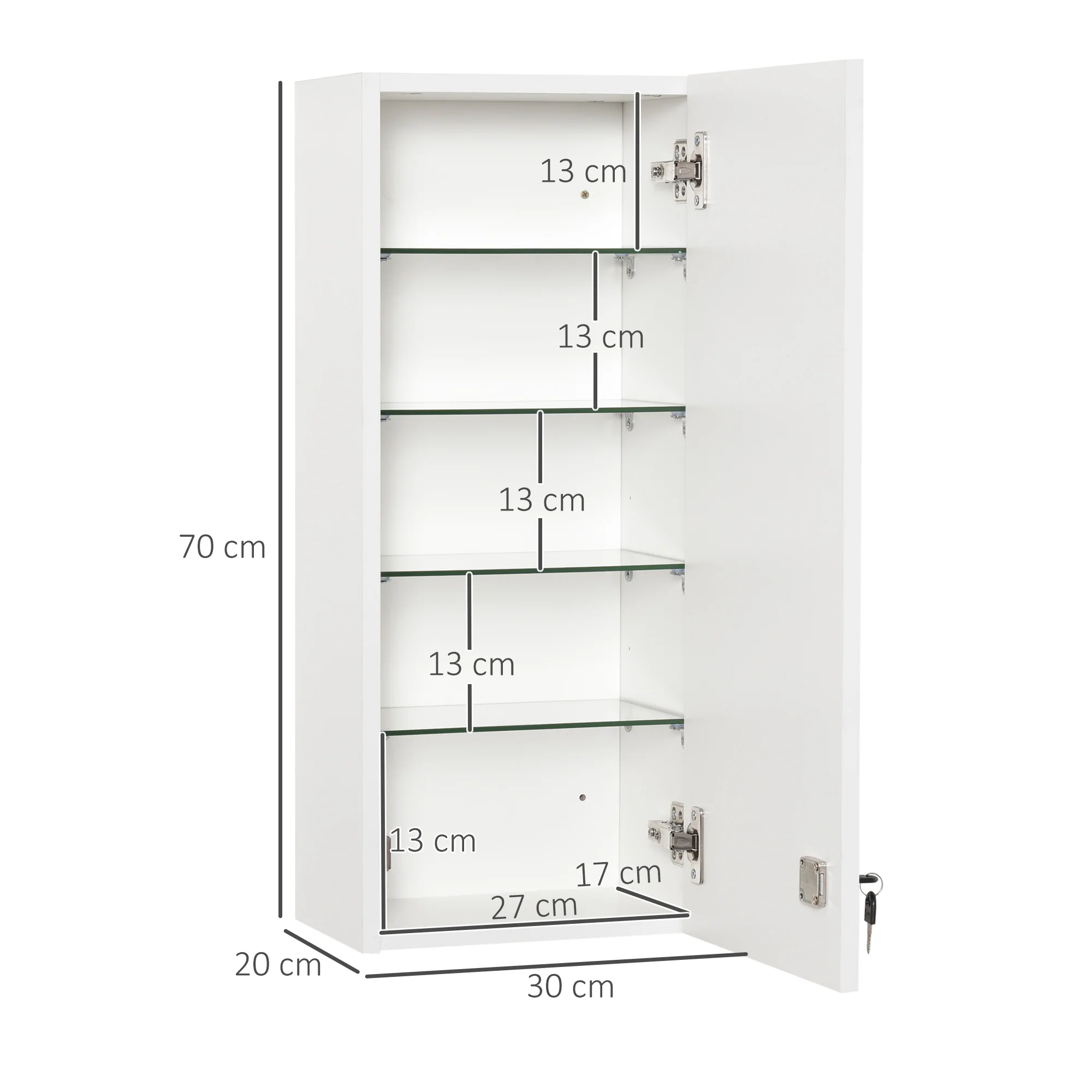 Armoire à pharmacie murale avec serrure, 5 étagères et tablettes réglables, bois et verre, blanc, 30x20x70cm - Image 4