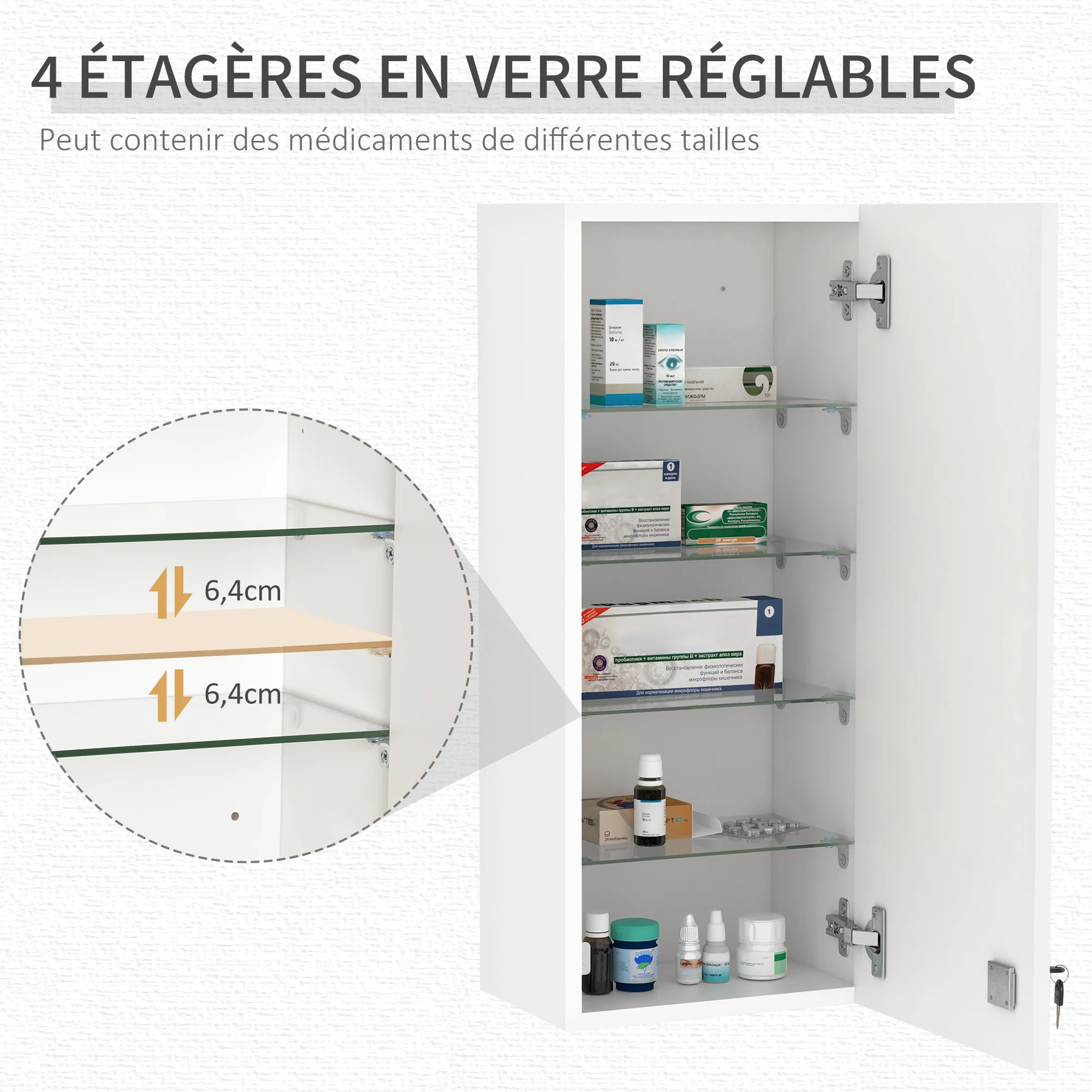 Armoire à pharmacie murale avec serrure, 5 étagères et tablettes réglables, bois et verre, blanc, 30x20x70cm - Image 5