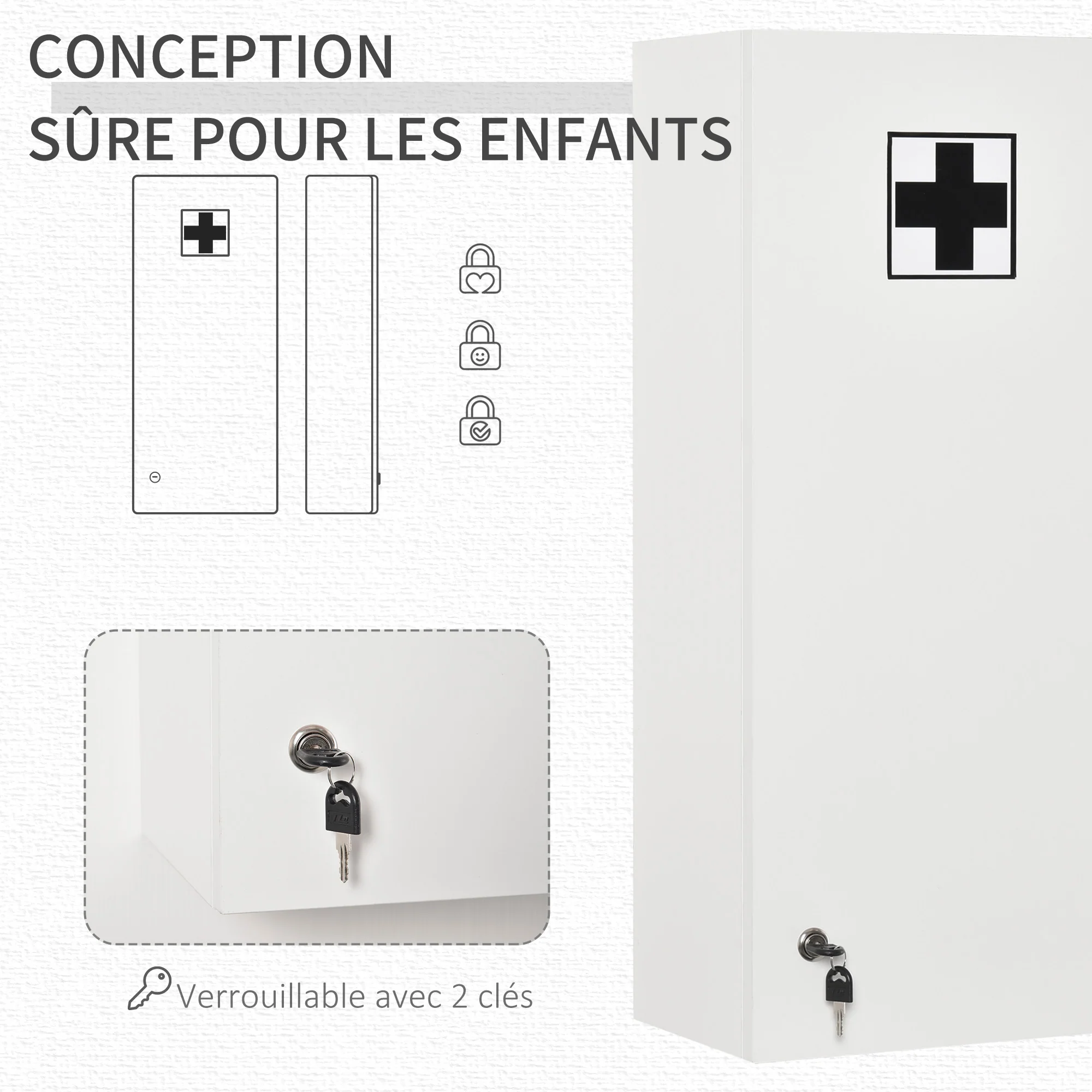 Armoire à pharmacie murale avec serrure, 5 étagères et tablettes réglables, bois et verre, blanc, 30x20x70cm - Image 7