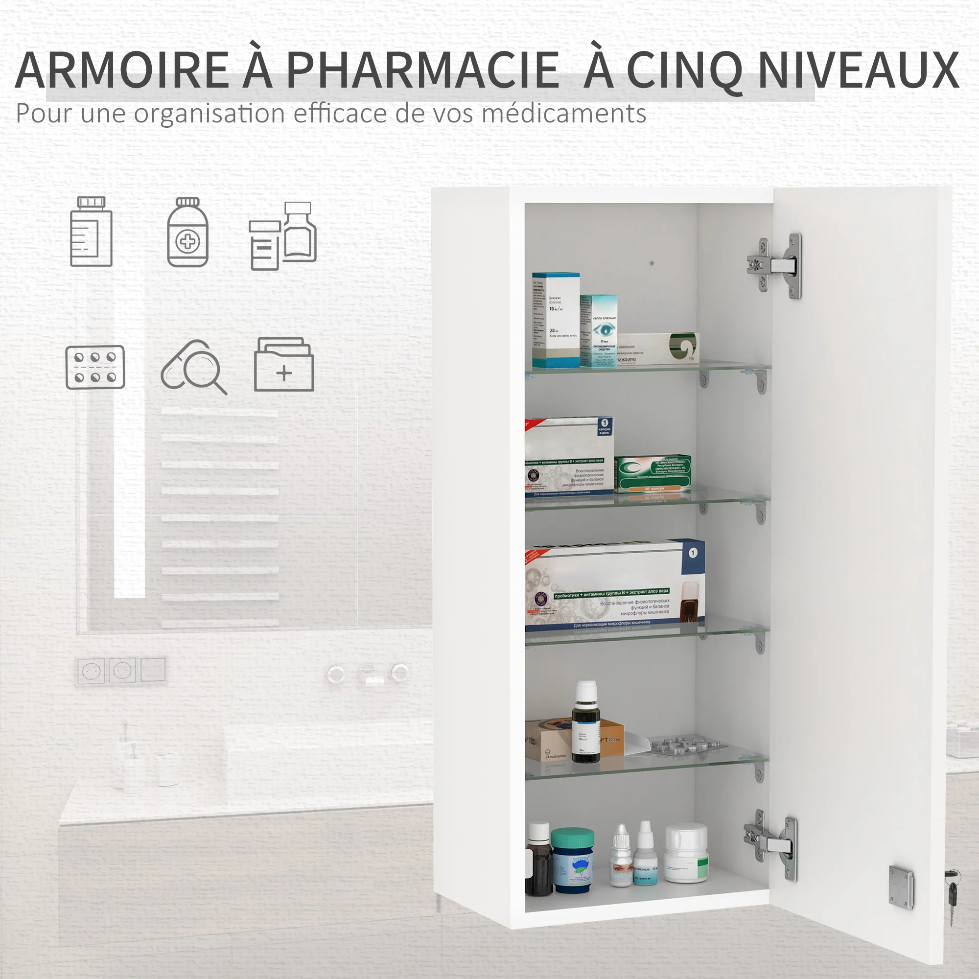 Armoire à pharmacie murale avec serrure, 5 étagères et tablettes réglables, bois et verre, blanc, 30x20x70cm - Image 8