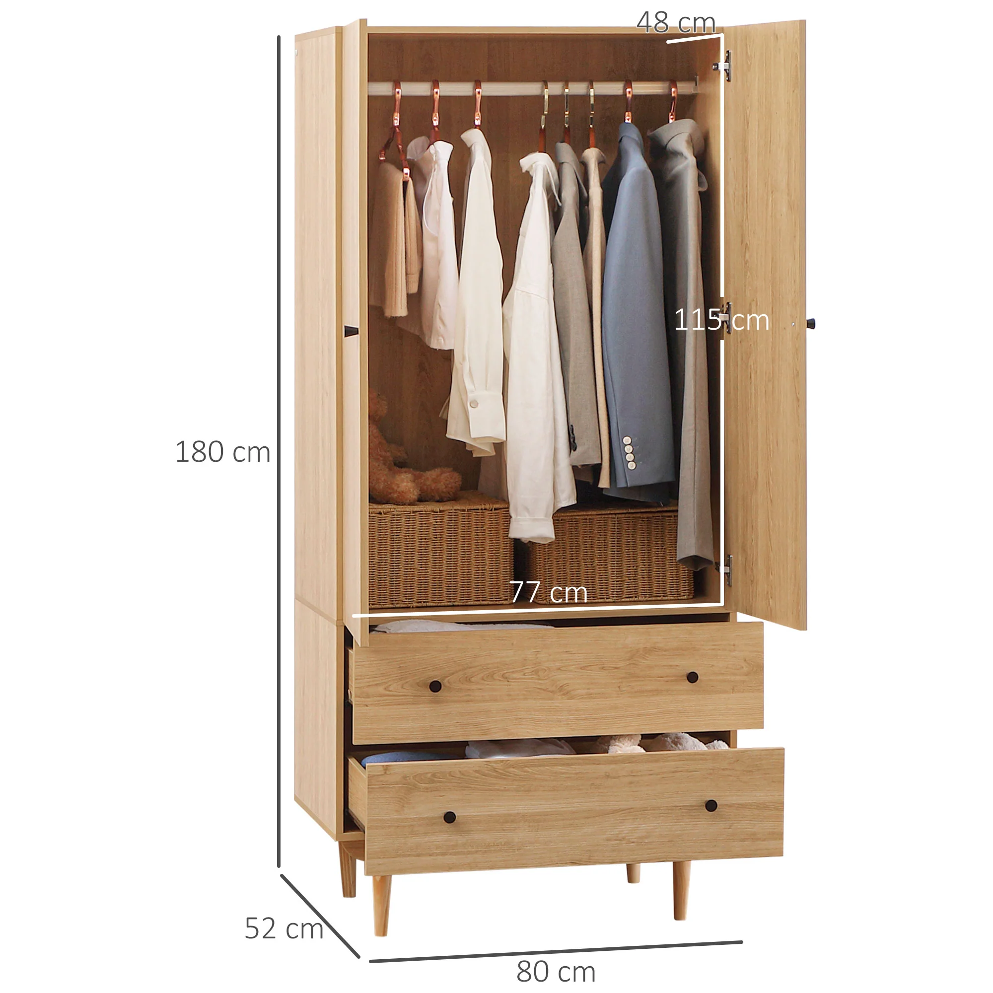 Armoire Chambre Adulte Penderie Vêtement Dressing avec 2 Portes, 2 tiroirs - 80 x 52 x 180 cm - Aspect Bois - Image 4