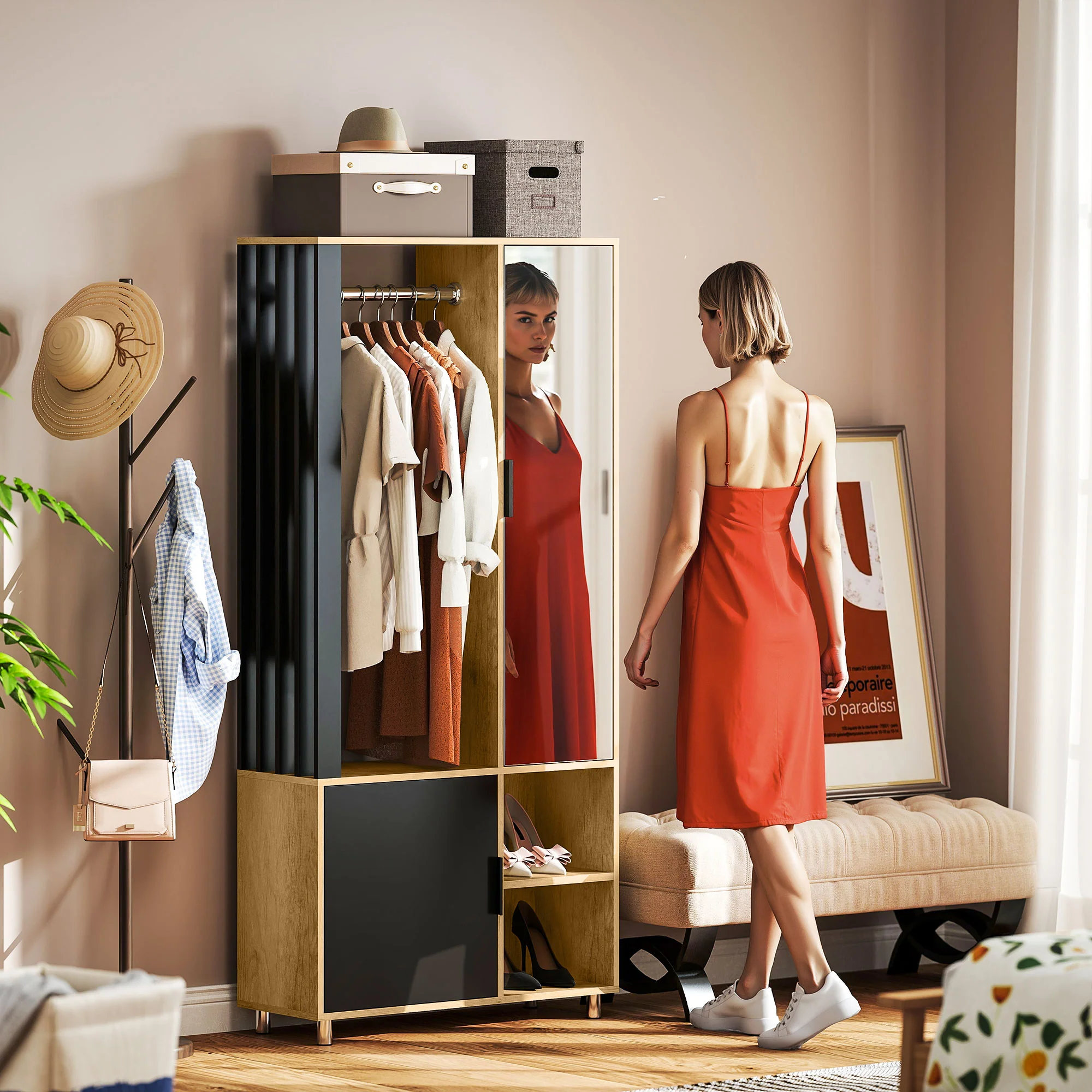 Armoire chambre penderie dressing moderne armoire de rangement avec miroir, compartiments ouverts, placard et tringle de suspension, 80 x 30 x 170 cm, bois naturel - Image 3
