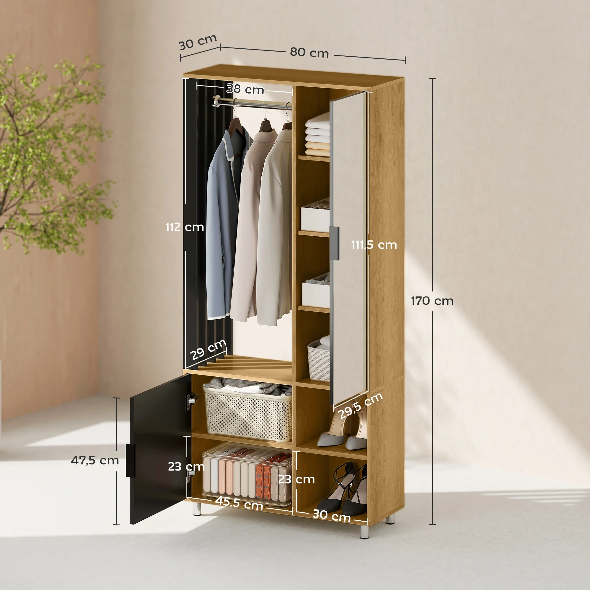 Armoire chambre penderie dressing moderne armoire de rangement avec miroir, compartiments ouverts, placard et tringle de suspension, 80 x 30 x 170 cm, bois naturel - Image 4