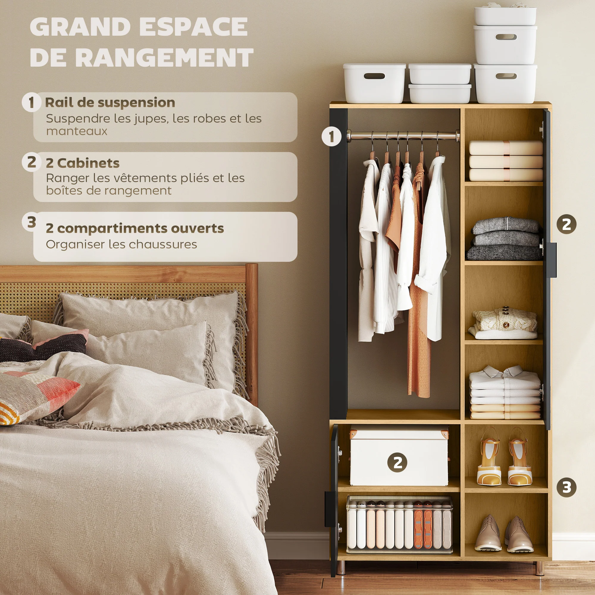 Armoire chambre penderie dressing moderne armoire de rangement avec miroir, compartiments ouverts, placard et tringle de suspension, 80 x 30 x 170 cm, bois naturel - Image 5