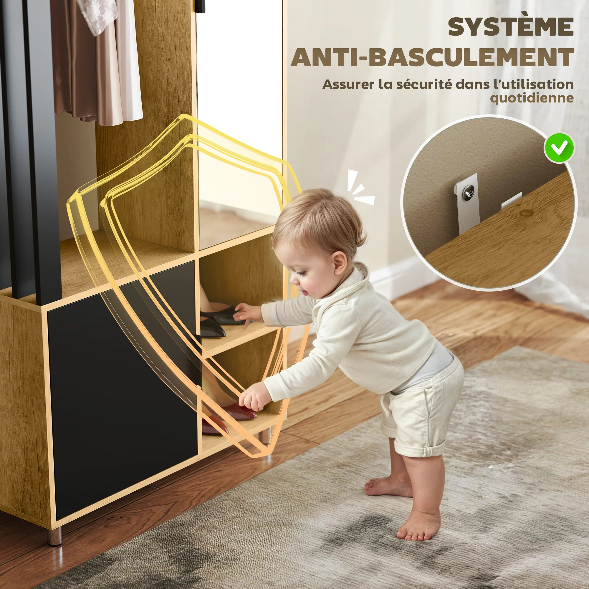 Armoire chambre penderie dressing moderne armoire de rangement avec miroir, compartiments ouverts, placard et tringle de suspension, 80 x 30 x 170 cm, bois naturel - Image 7
