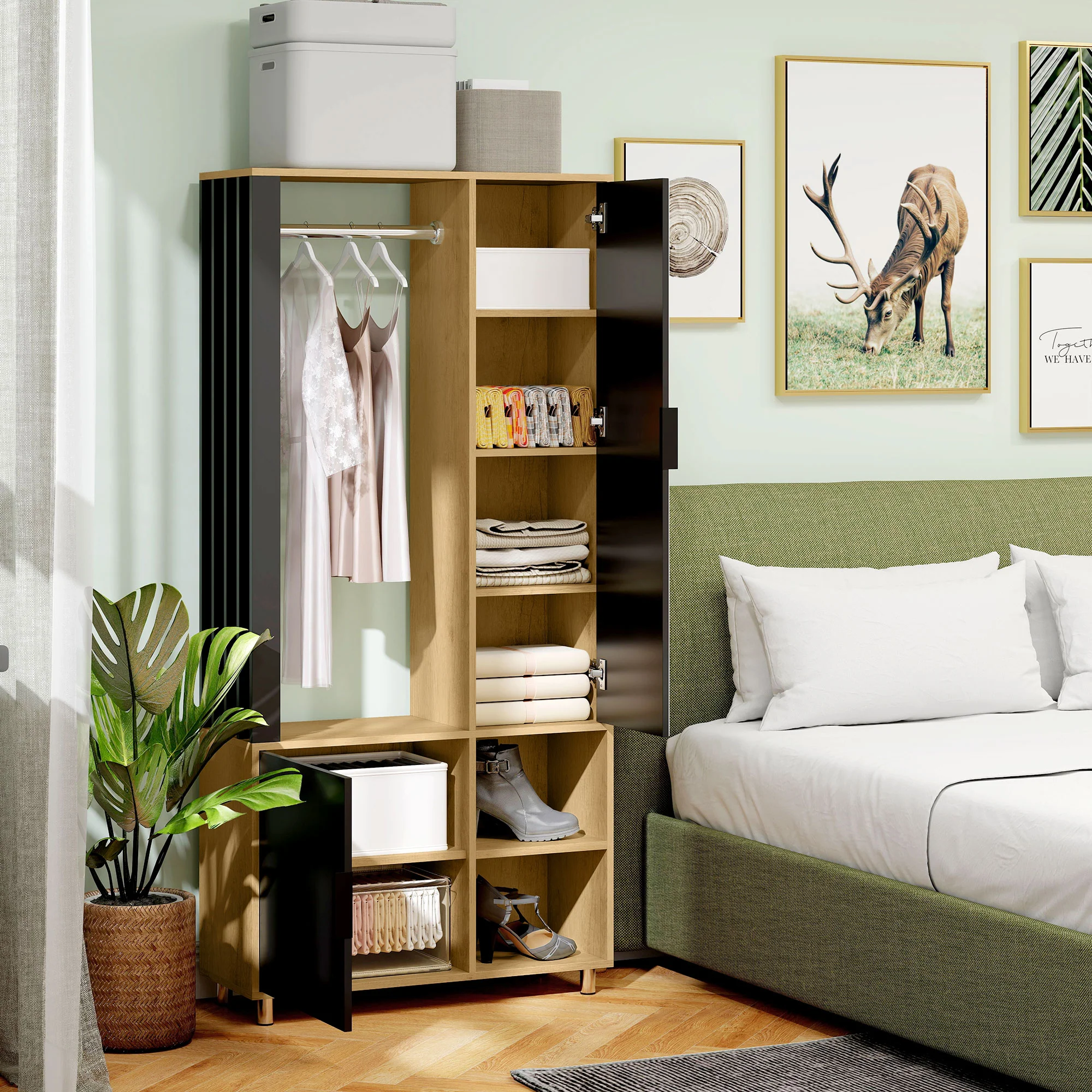 Armoire chambre penderie dressing moderne armoire de rangement avec miroir, compartiments ouverts, placard et tringle de suspension, 80 x 30 x 170 cm, bois naturel - Image 9