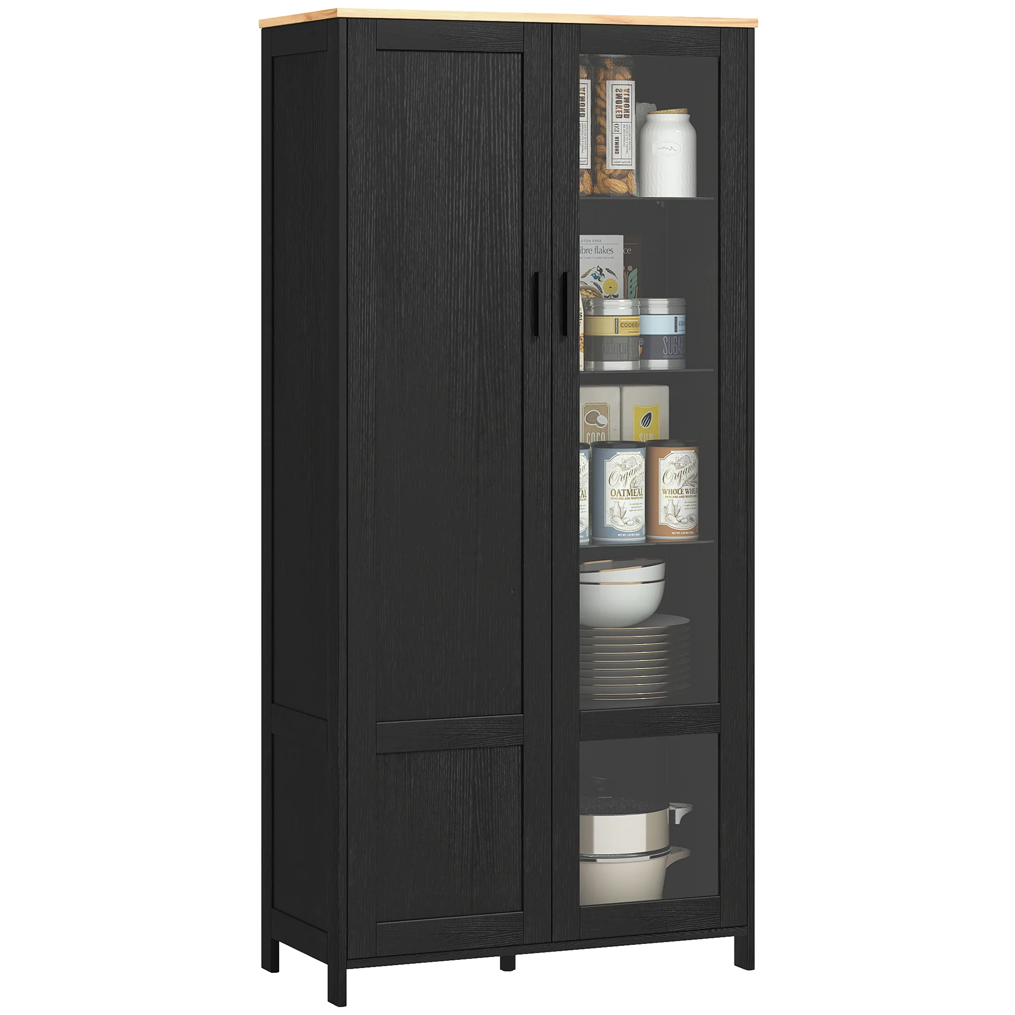 Armoire cuisine, buffet de cuisine, vaisselier, meuble vitrine à 2 portes dont une porte vitrée - meuble de rangement avec étagères réglables et 9 compartiments, 76 x 36 x 160 cm - noir - Image 11