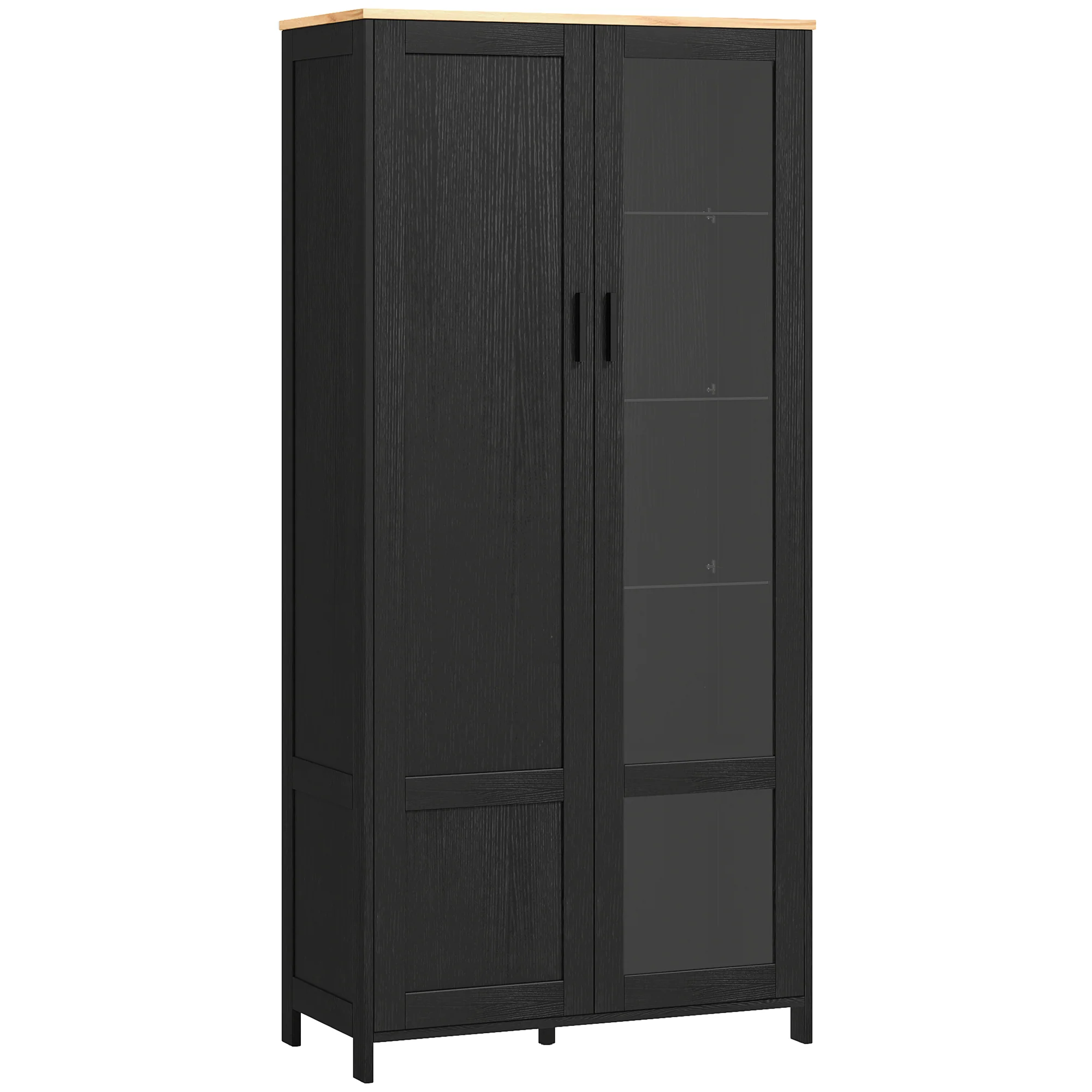 Armoire cuisine, buffet de cuisine, vaisselier, meuble vitrine à 2 portes dont une porte vitrée - meuble de rangement avec étagères réglables et 9 compartiments, 76 x 36 x 160 cm - noir - Image 2