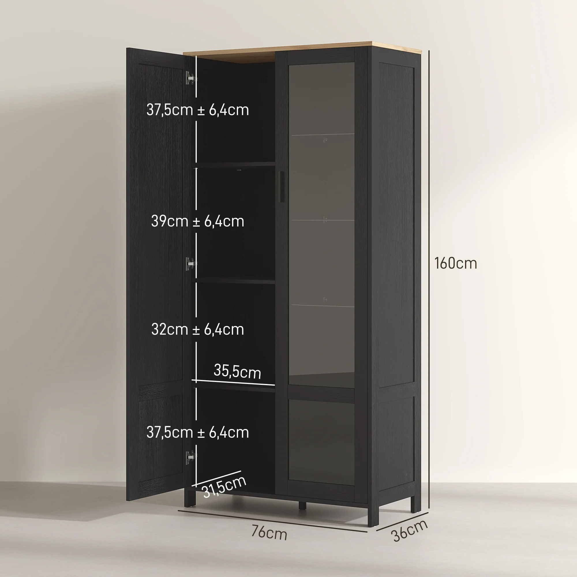 Armoire cuisine, buffet de cuisine, vaisselier, meuble vitrine à 2 portes dont une porte vitrée - meuble de rangement avec étagères réglables et 9 compartiments, 76 x 36 x 160 cm - noir - Image 4