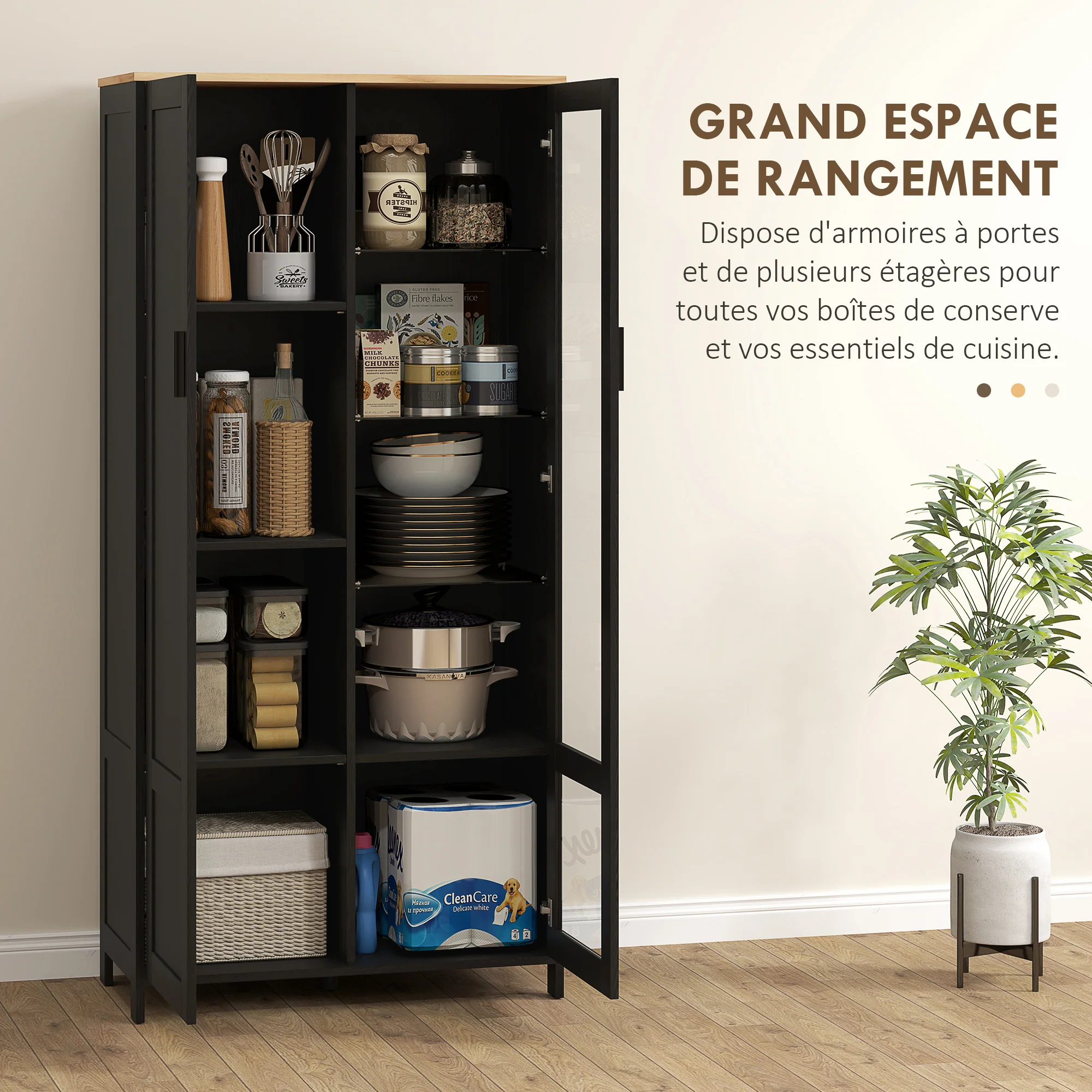 Armoire cuisine, buffet de cuisine, vaisselier, meuble vitrine à 2 portes dont une porte vitrée - meuble de rangement avec étagères réglables et 9 compartiments, 76 x 36 x 160 cm - noir - Image 5