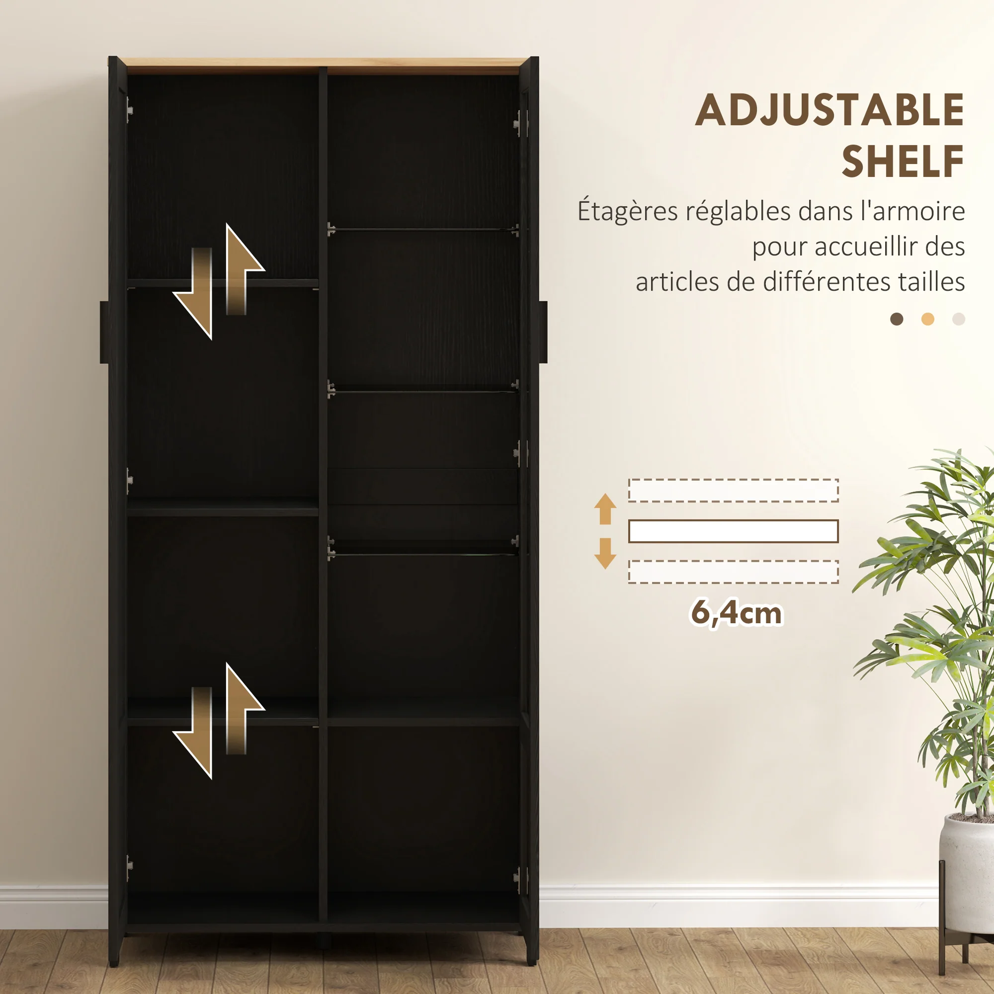 Armoire cuisine, buffet de cuisine, vaisselier, meuble vitrine à 2 portes dont une porte vitrée - meuble de rangement avec étagères réglables et 9 compartiments, 76 x 36 x 160 cm - noir - Image 6