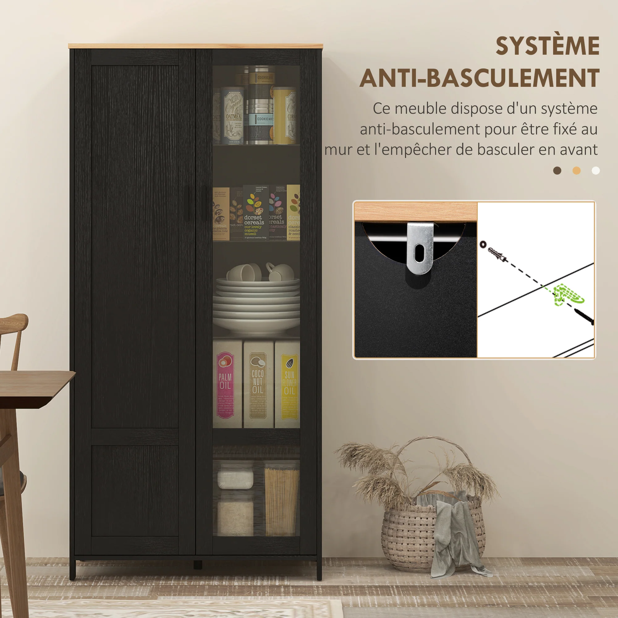 Armoire cuisine, buffet de cuisine, vaisselier, meuble vitrine à 2 portes dont une porte vitrée - meuble de rangement avec étagères réglables et 9 compartiments, 76 x 36 x 160 cm - noir - Image 8