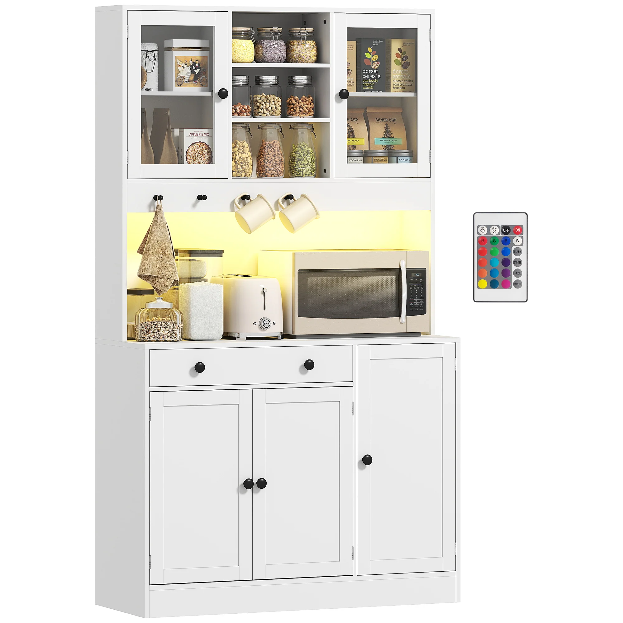 Armoire de cuisine avec LED et multiprise, buffet cuisine meuble de rangement avec placards et tiroir, portes vitrées, télécommande inclus, pour salle à manger, salon, 103x40x180cm, blanc - Image 11
