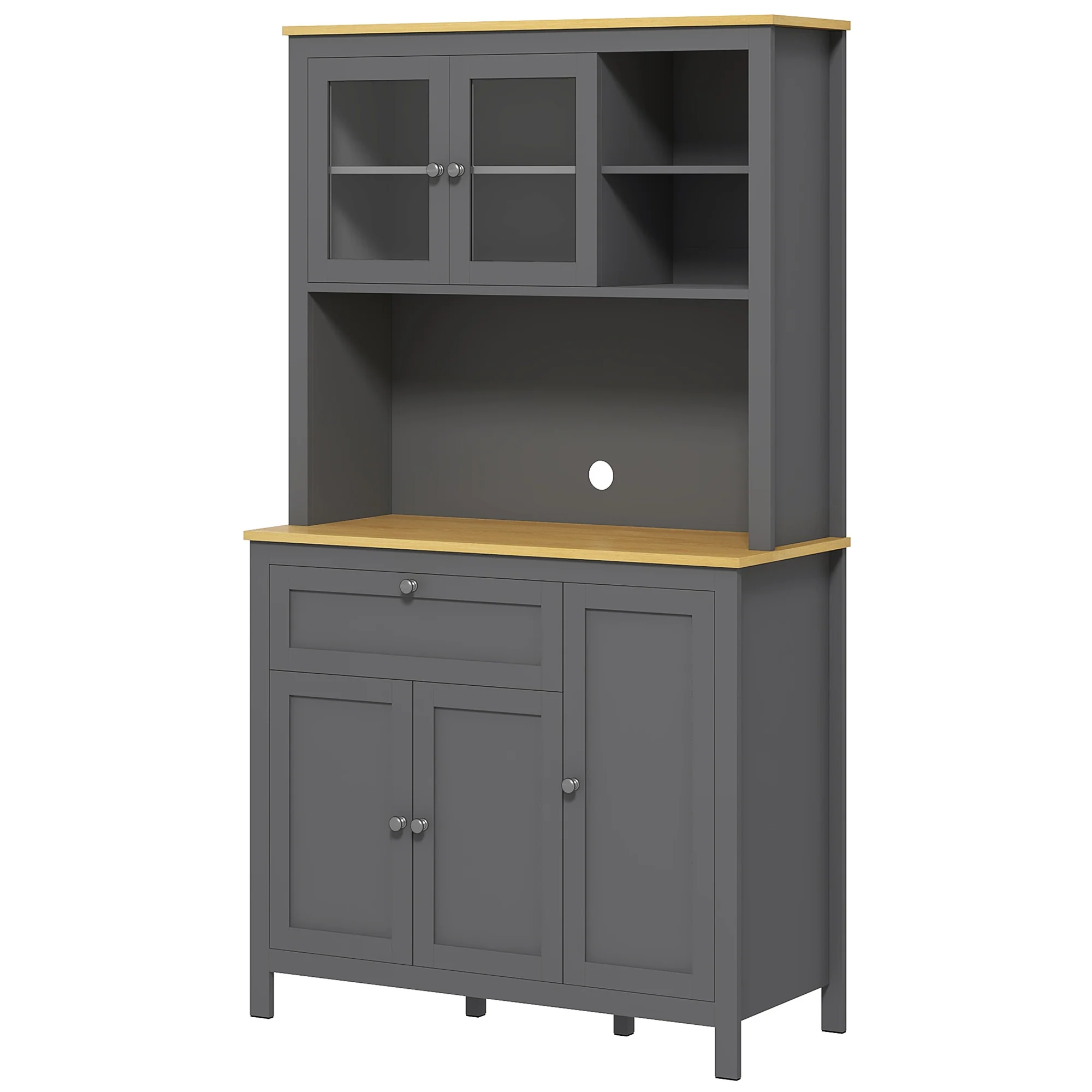 Armoire de cuisine, buffet cuisine avec plan de travail, vaisselier large avec 3 placards, tiroir, niches, passe-cable, étagères réglables et portes vitrées, style moderne, 100x40x180 cm, gris