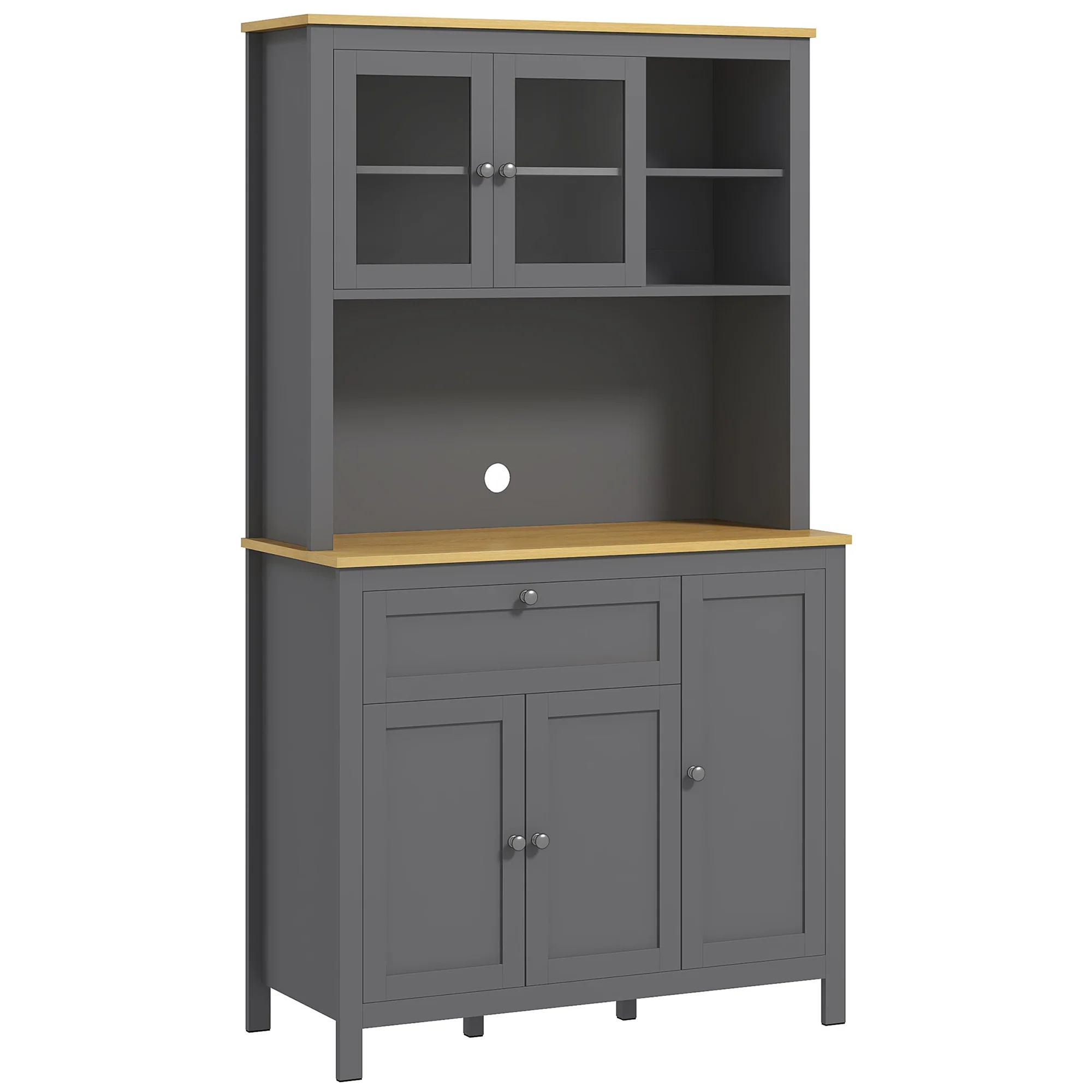Armoire de cuisine, buffet cuisine avec plan de travail, vaisselier large avec 3 placards, tiroir, niches, passe-cable, étagères réglables et portes vitrées, style moderne, 100x40x180 cm, gris - Image 11
