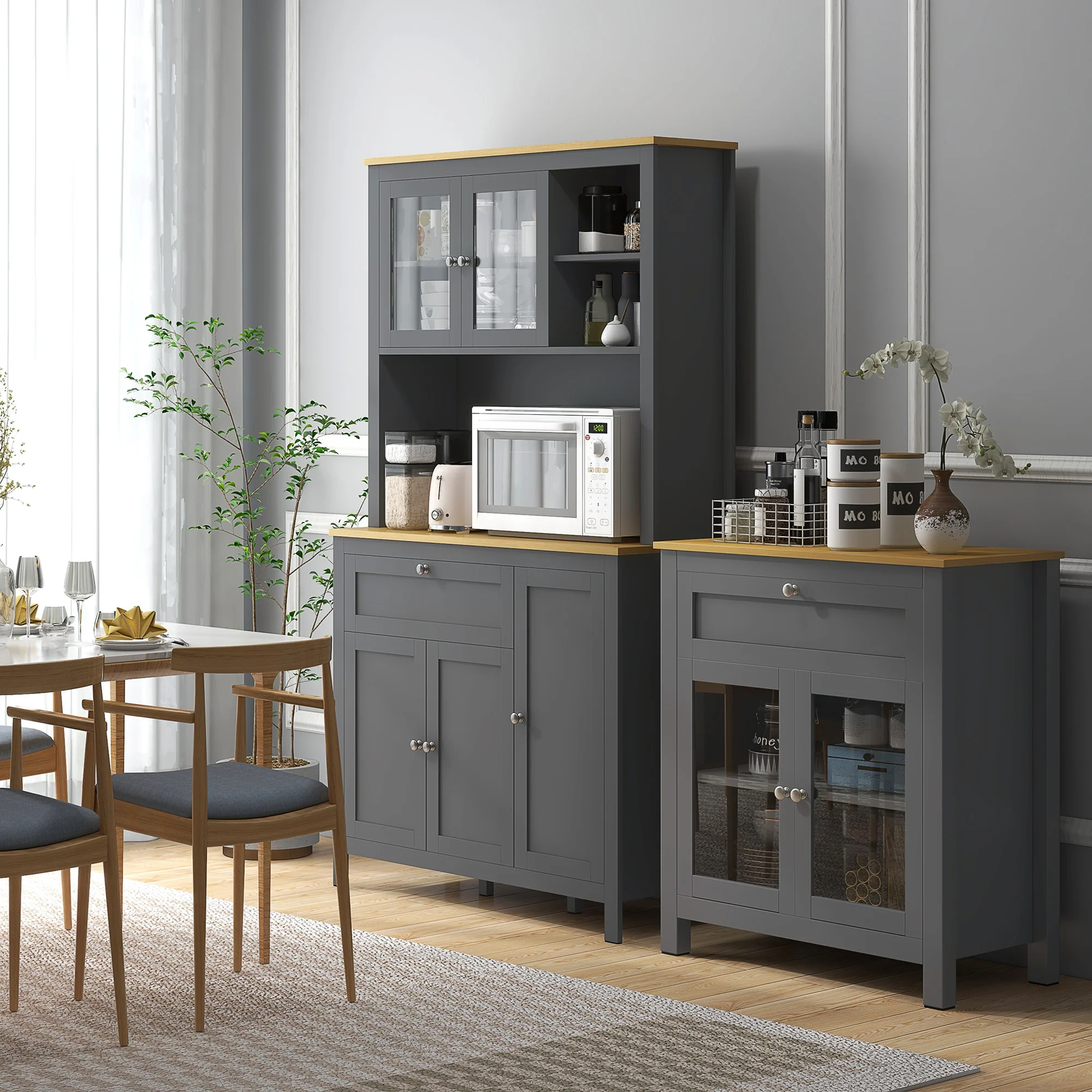 Armoire de cuisine, buffet cuisine avec plan de travail, vaisselier large avec 3 placards, tiroir, niches, passe-cable, étagères réglables et portes vitrées, style moderne, 100x40x180 cm, gris - Image 3