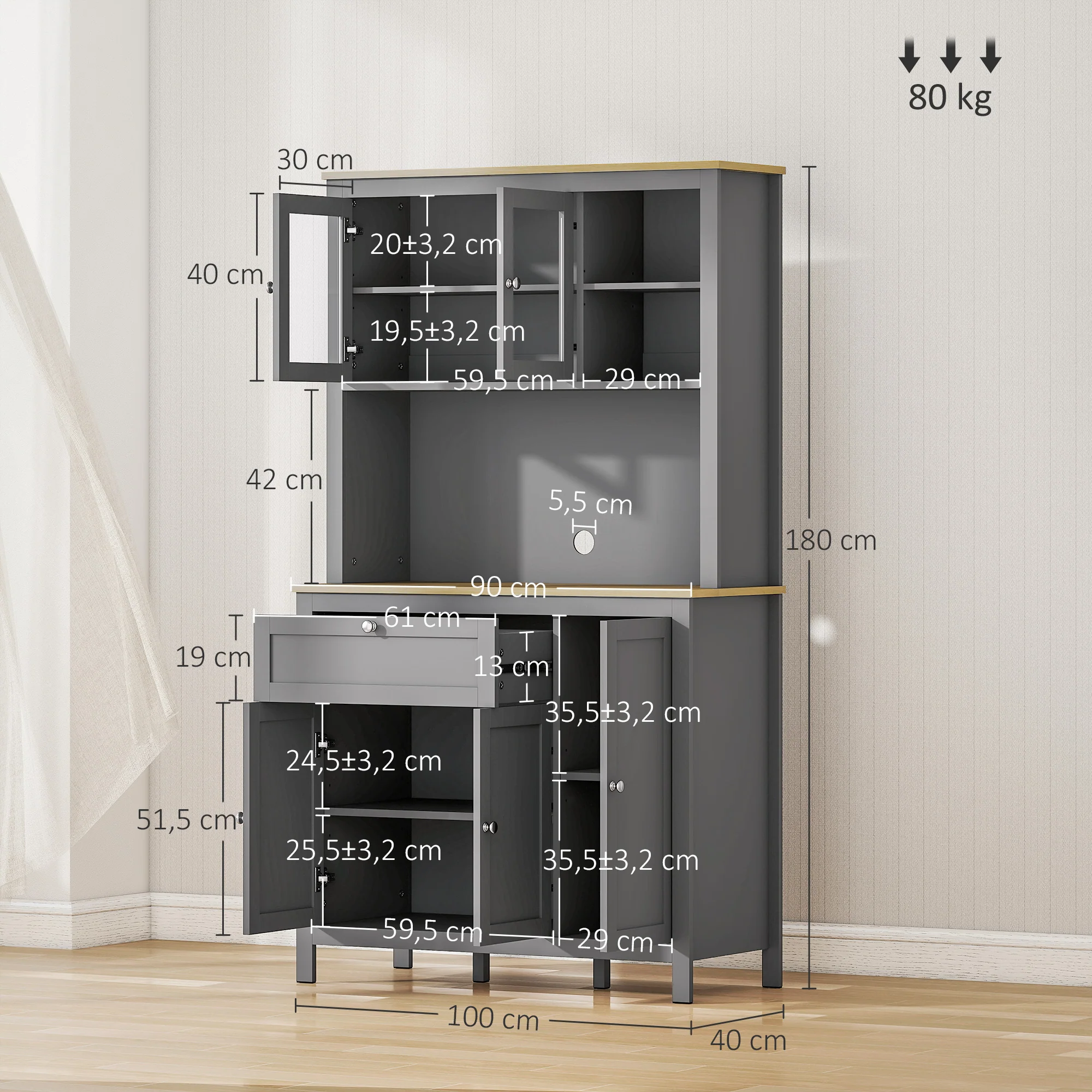 Armoire de cuisine, buffet cuisine avec plan de travail, vaisselier large avec 3 placards, tiroir, niches, passe-cable, étagères réglables et portes vitrées, style moderne, 100x40x180 cm, gris - Image 4