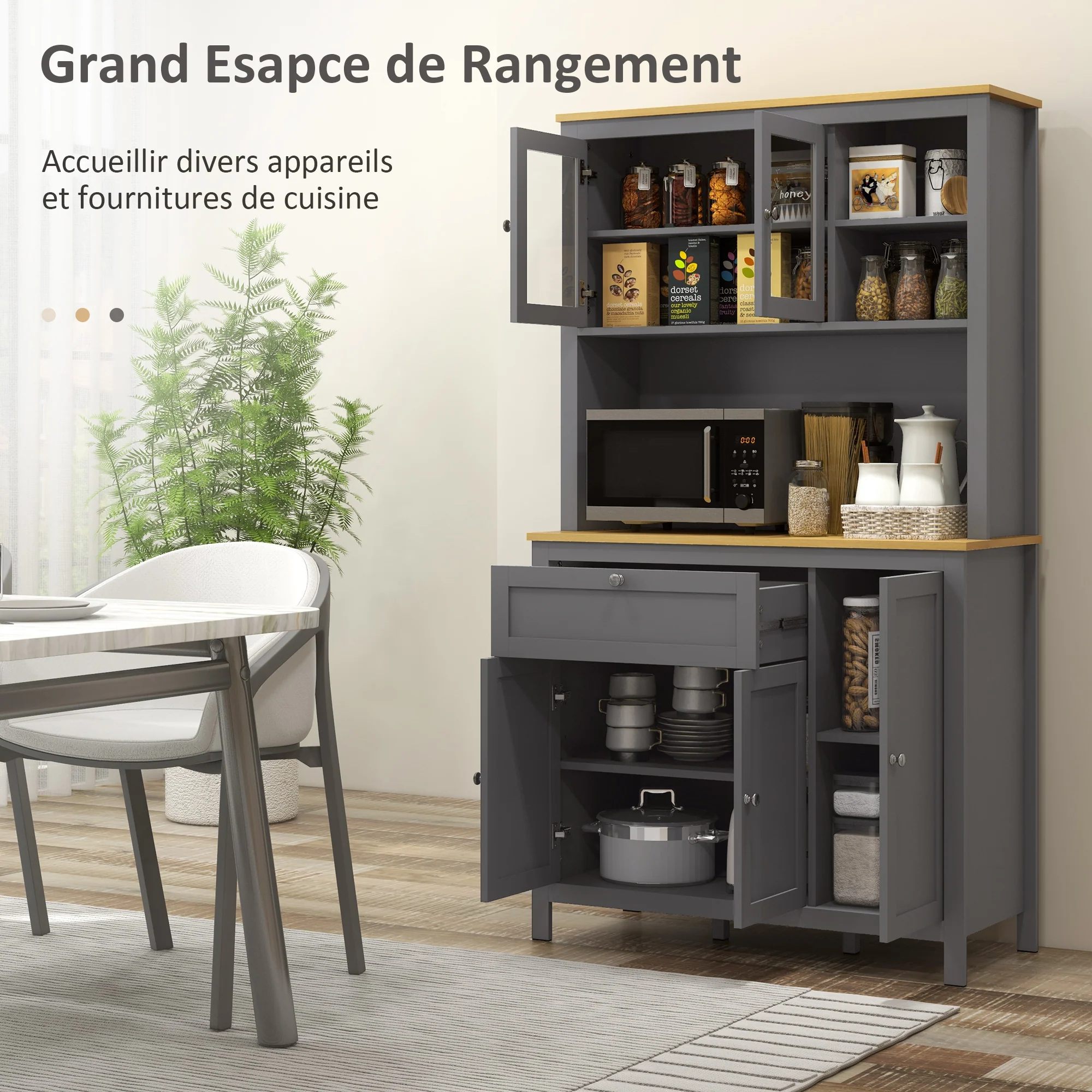 Armoire de cuisine, buffet cuisine avec plan de travail, vaisselier large avec 3 placards, tiroir, niches, passe-cable, étagères réglables et portes vitrées, style moderne, 100x40x180 cm, gris - Image 5