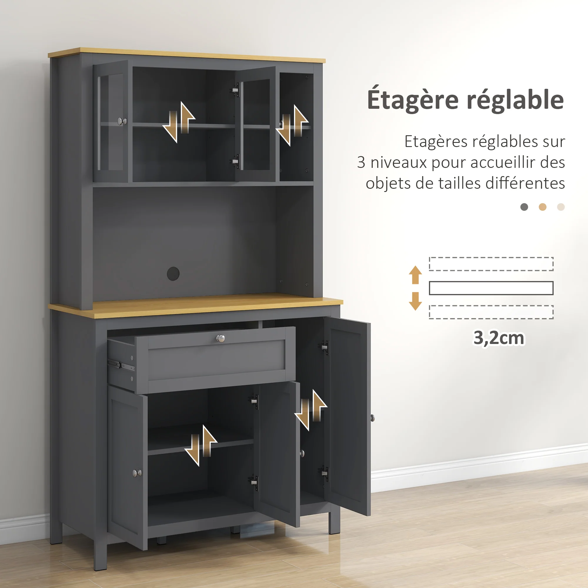 Armoire de cuisine, buffet cuisine avec plan de travail, vaisselier large avec 3 placards, tiroir, niches, passe-cable, étagères réglables et portes vitrées, style moderne, 100x40x180 cm, gris - Image 6