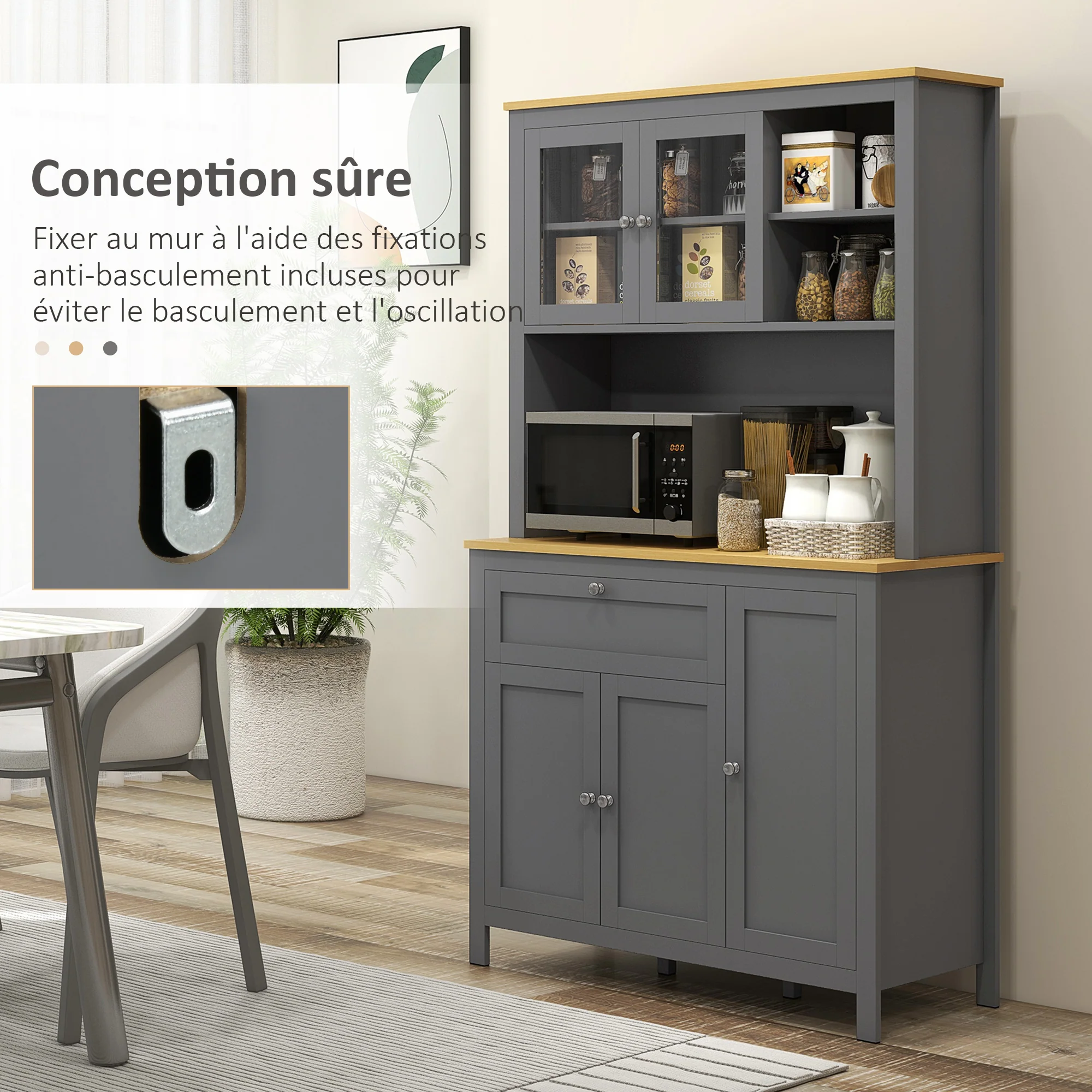 Armoire de cuisine, buffet cuisine avec plan de travail, vaisselier large avec 3 placards, tiroir, niches, passe-cable, étagères réglables et portes vitrées, style moderne, 100x40x180 cm, gris - Image 8