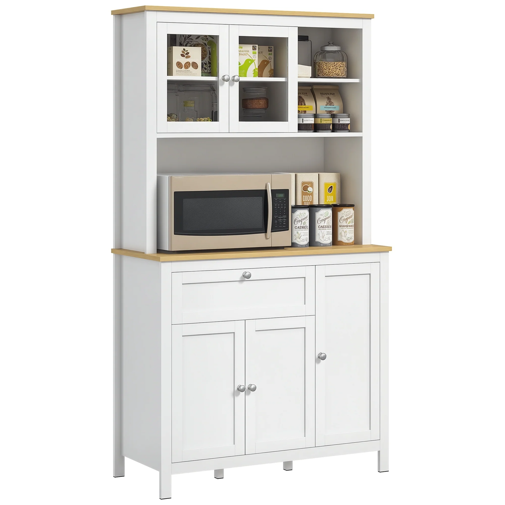 Armoire de cuisine, buffet cuisine avec plan de travail, vaisselier large avec 3 placards, tiroir, niches, passe-câble, étagères réglables et portes vitrées, style moderne, 100x40x180 cm, blanc - Image 11