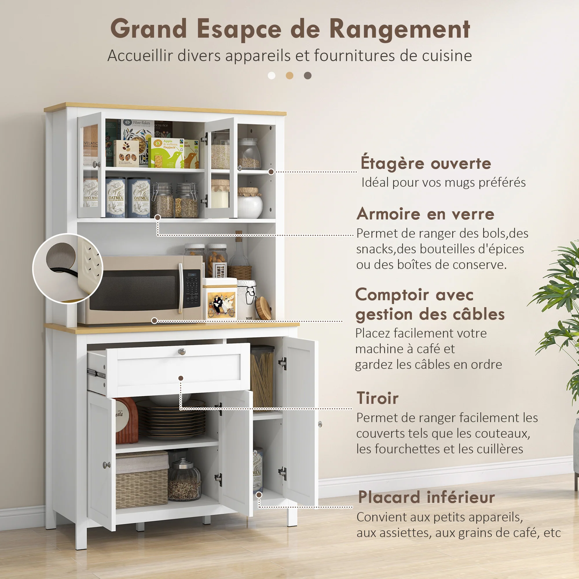 Armoire de cuisine, buffet cuisine avec plan de travail, vaisselier large avec 3 placards, tiroir, niches, passe-câble, étagères réglables et portes vitrées, style moderne, 100x40x180 cm, blanc - Image 6