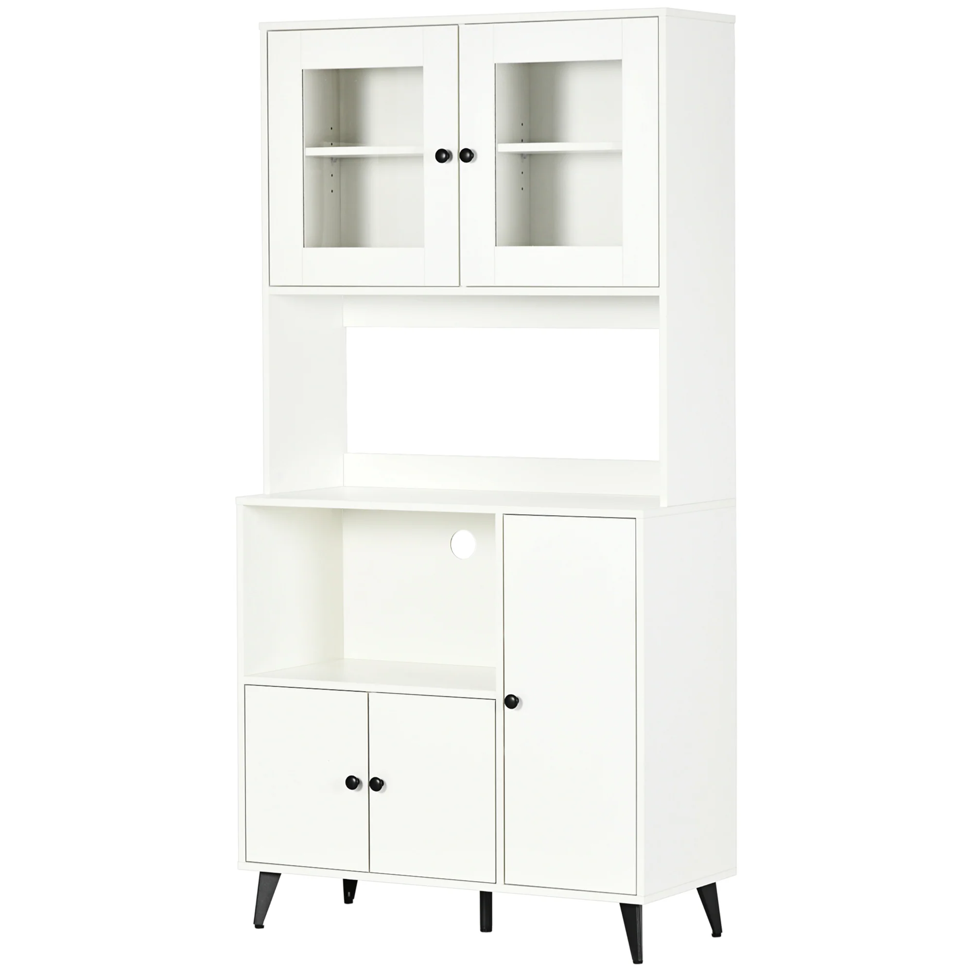 Armoire de cuisine buffet cuisine meuble de rangement avec 3 placards, niches, étagères réglables, portes vitrées, passe-câble, meuble micro onde pour salle à manger, salon, 90x40x180cm, blanc
