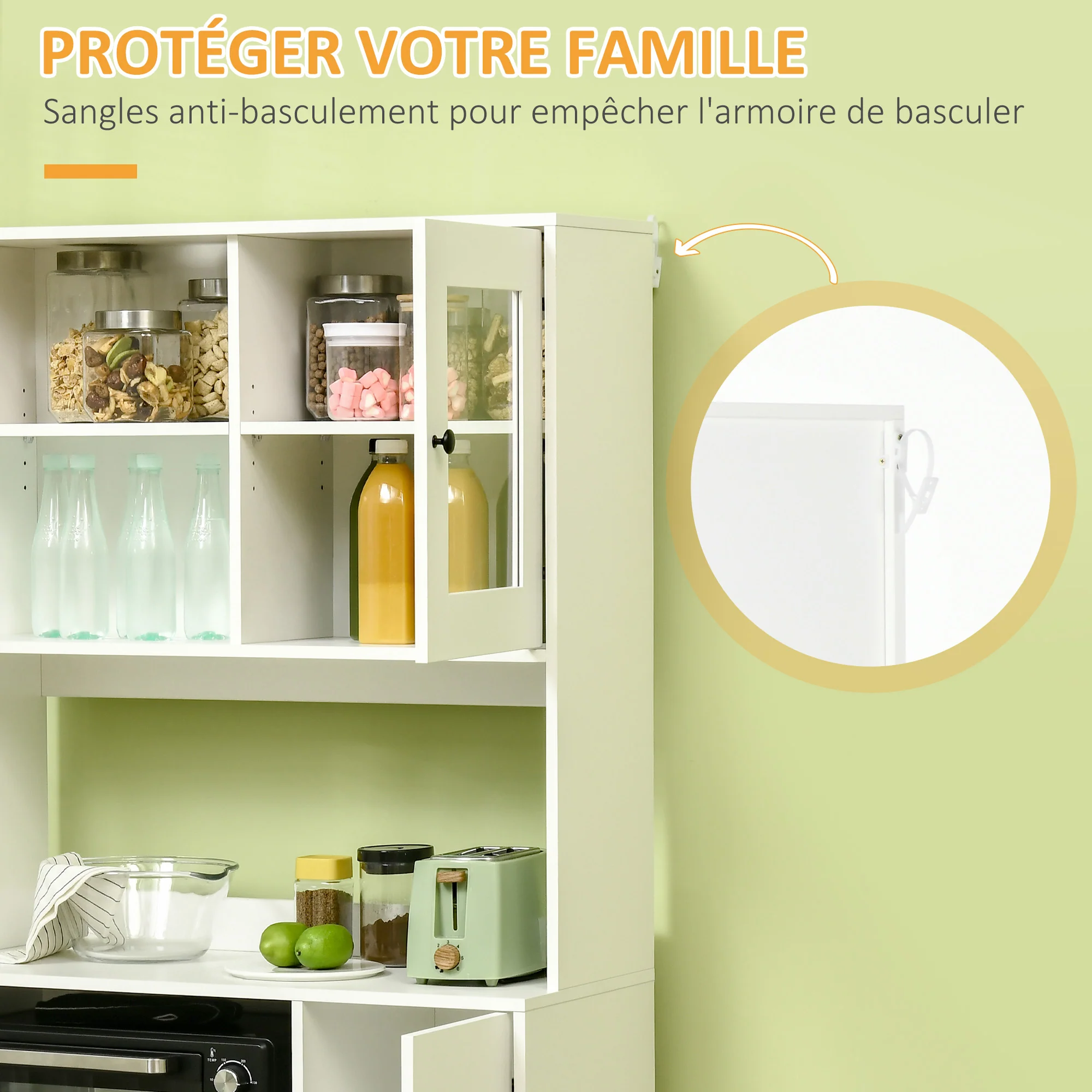 Armoire de cuisine buffet cuisine meuble de rangement avec 3 placards, niches, étagères réglables, portes vitrées, passe-câble, meuble micro onde pour salle à manger, salon, 90x40x180cm, blanc - Image 6