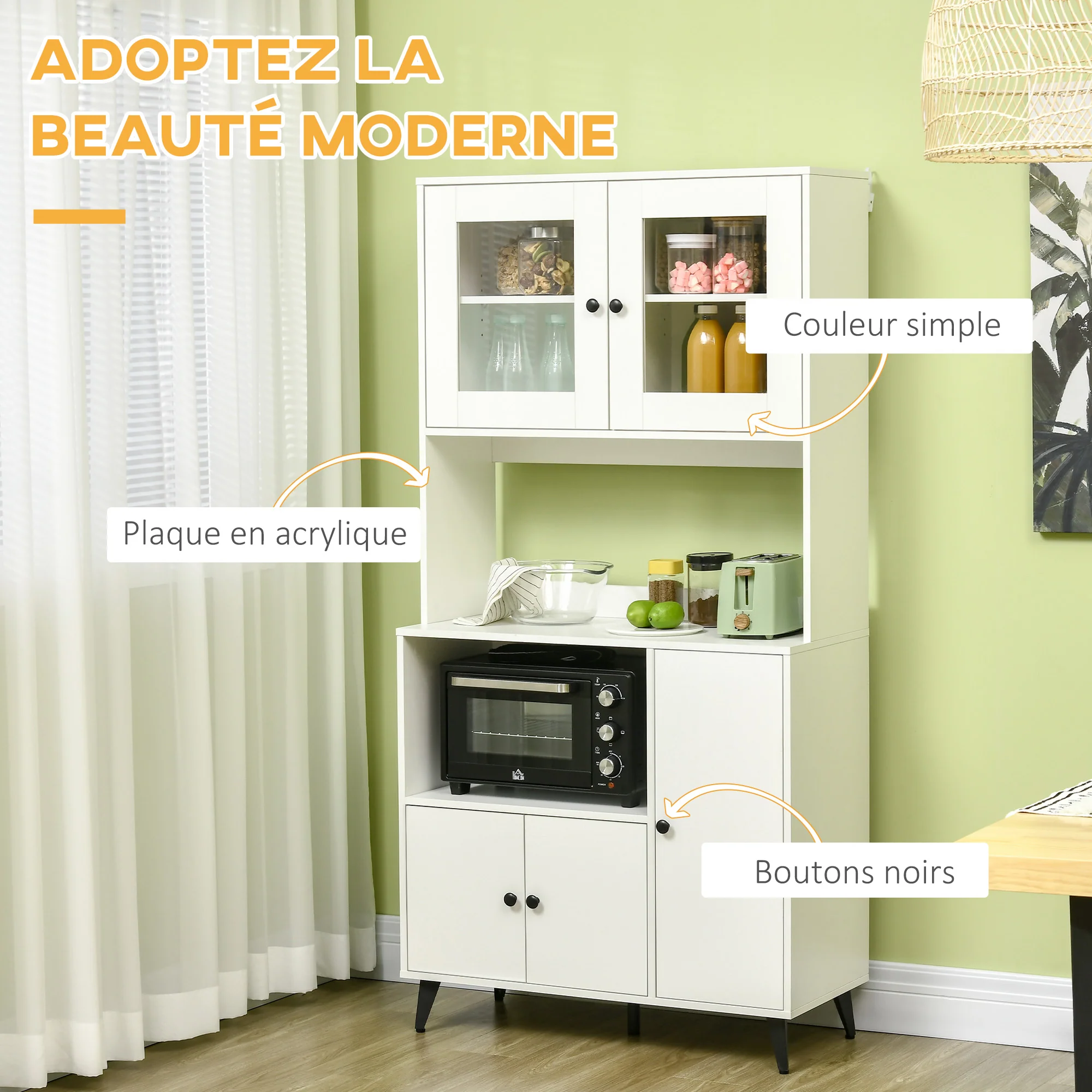 Armoire de cuisine buffet cuisine meuble de rangement avec 3 placards, niches, étagères réglables, portes vitrées, passe-câble, meuble micro onde pour salle à manger, salon, 90x40x180cm, blanc - Image 8