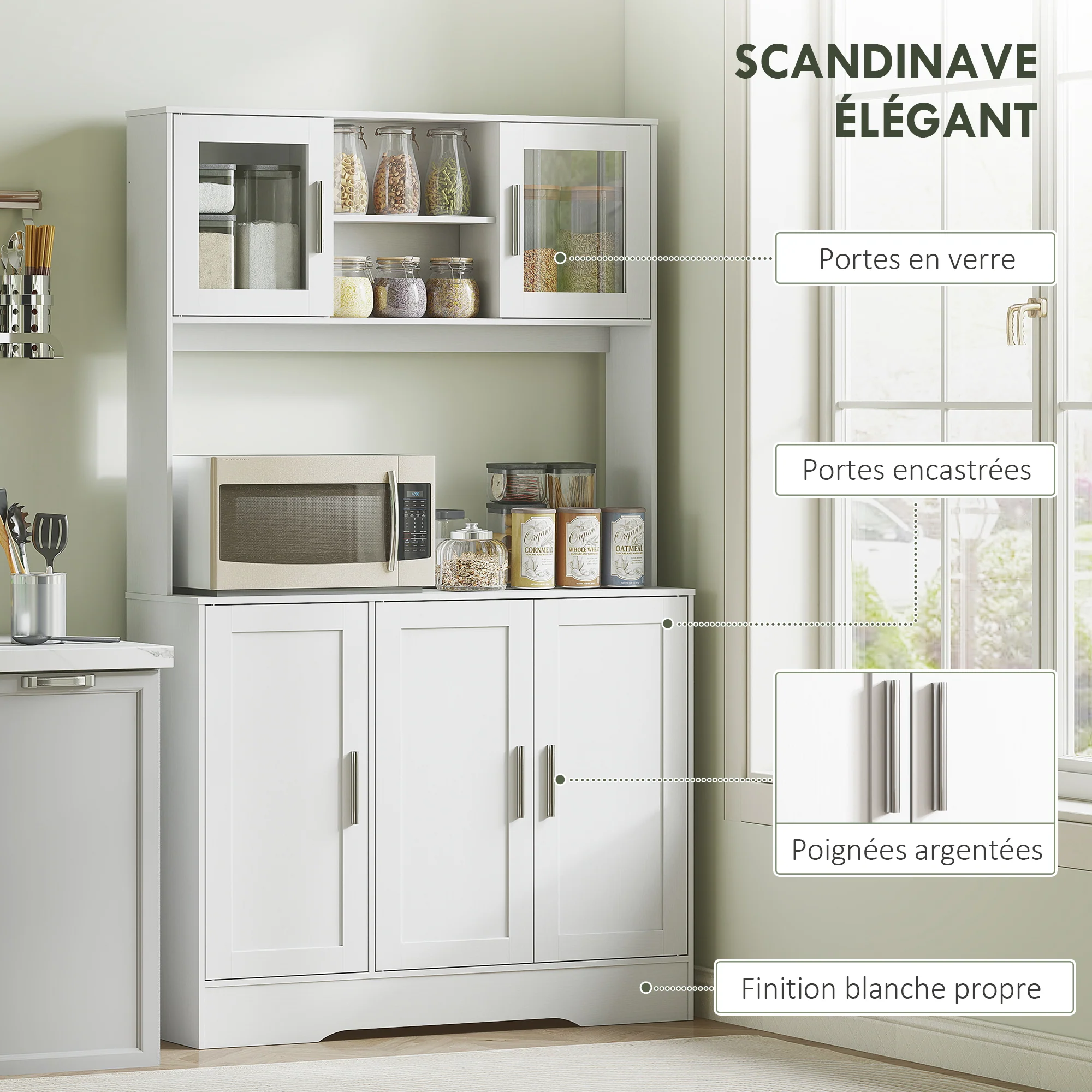 Armoire de cuisine, buffet cuisine meuble de rangement scandinave avec placards, compartiments ouverts, portes vitrées et plan de travail, pour salle à manger, salon, 108 x 35 x 180 cm, blanc - Image 7
