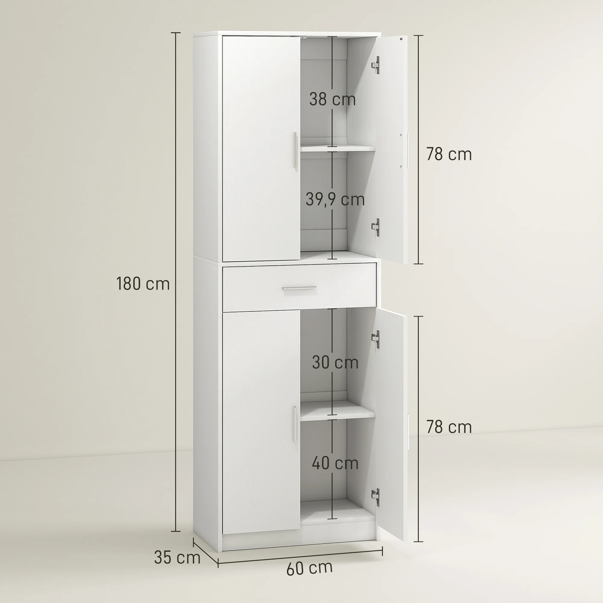 Armoire de cuisine buffet cuisine style moderne vaisselier avec placards à portes, étagères réglables et tiroir, meuble de rangement pour salle à manger, salon, 60 x 35 x 180 cm, blanc - Image 4