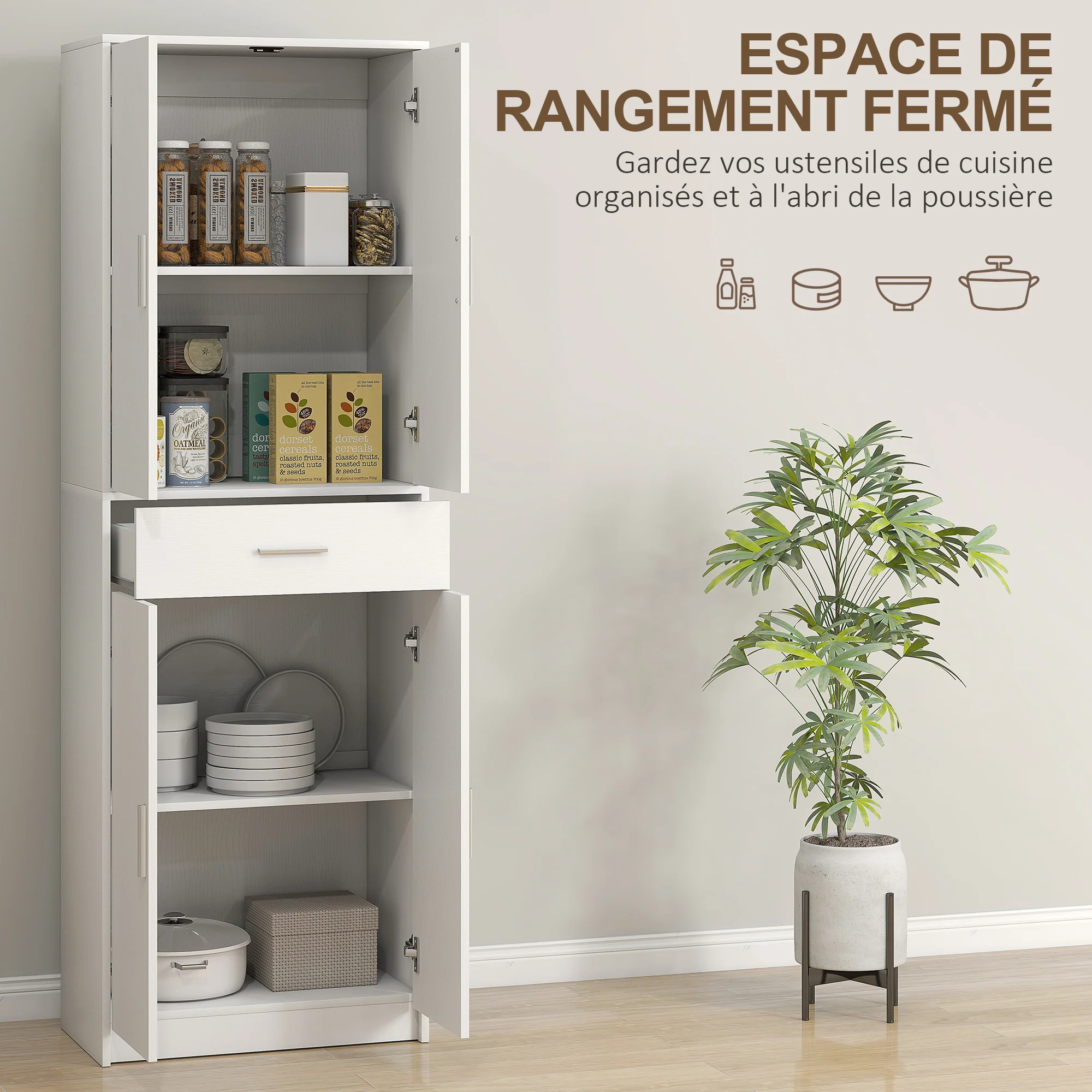 Armoire de cuisine buffet cuisine style moderne vaisselier avec placards à portes, étagères réglables et tiroir, meuble de rangement pour salle à manger, salon, 60 x 35 x 180 cm, blanc - Image 5