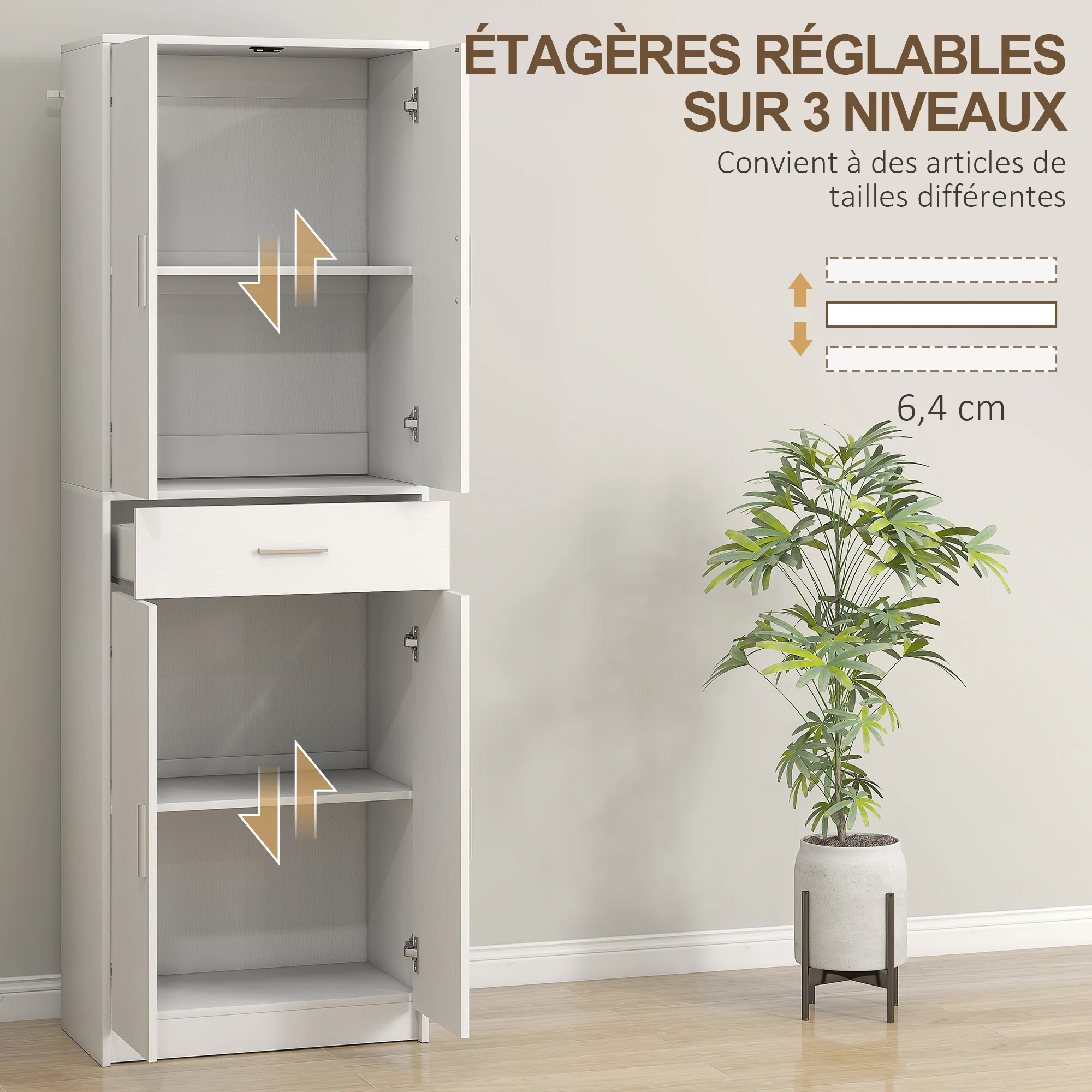 Armoire de cuisine buffet cuisine style moderne vaisselier avec placards à portes, étagères réglables et tiroir, meuble de rangement pour salle à manger, salon, 60 x 35 x 180 cm, blanc - Image 6