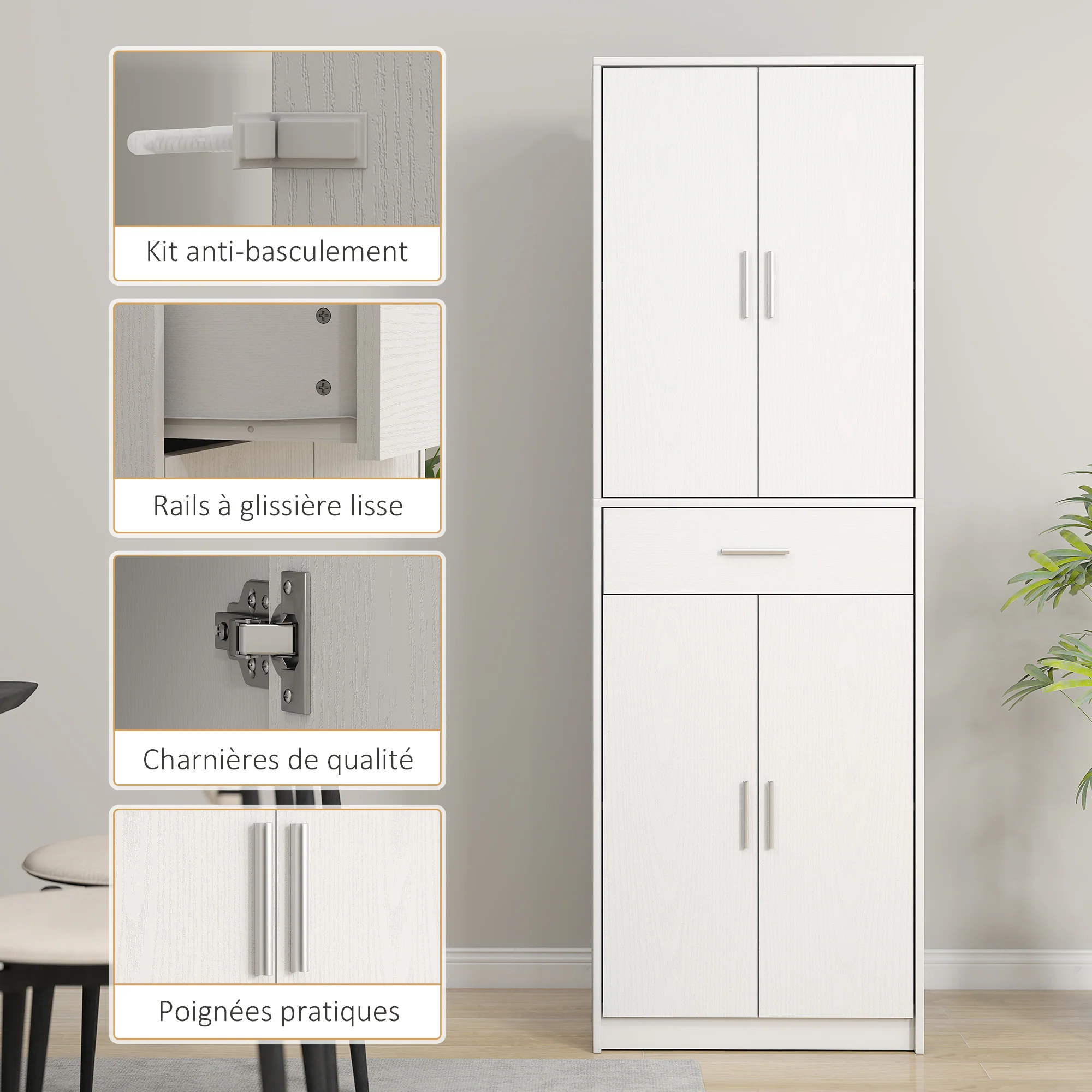 Armoire de cuisine buffet cuisine style moderne vaisselier avec placards à portes, étagères réglables et tiroir, meuble de rangement pour salle à manger, salon, 60 x 35 x 180 cm, blanc - Image 7