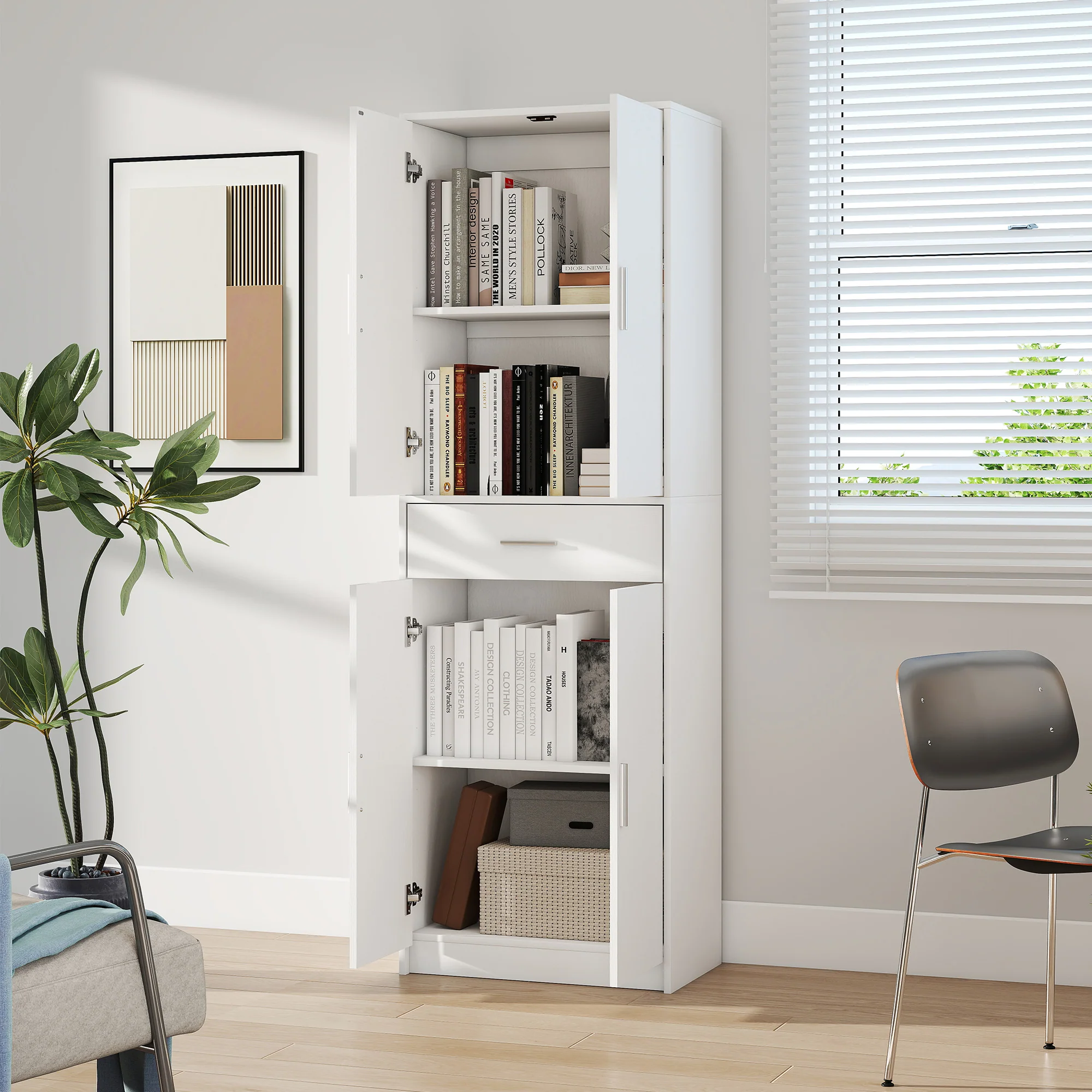 Armoire de cuisine buffet cuisine style moderne vaisselier avec placards à portes, étagères réglables et tiroir, meuble de rangement pour salle à manger, salon, 60 x 35 x 180 cm, blanc - Image 9