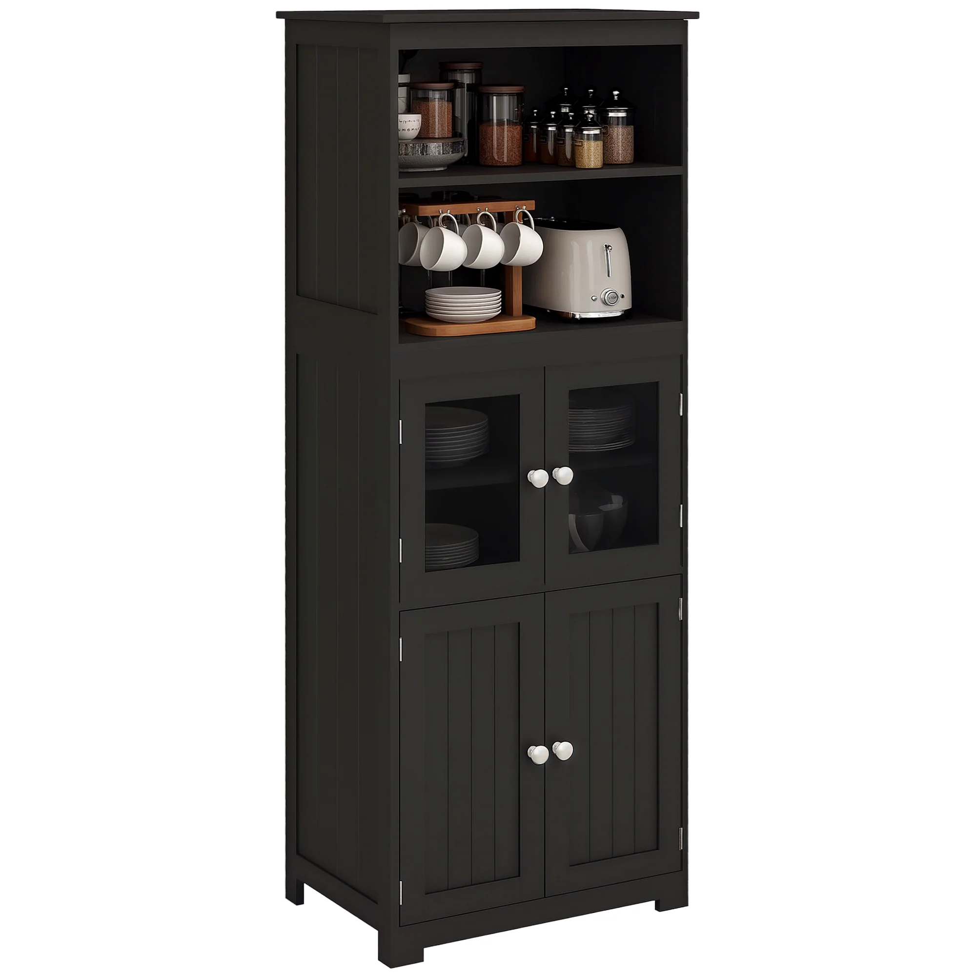 Armoire de cuisine buffet cuisine vaisselier meuble de rangement avec 2 niches, 2 placards avec 4 portes dont 2 portes vitrées, étagère réglable - dim. 60I x 30P x 162H cm noir - Image 11