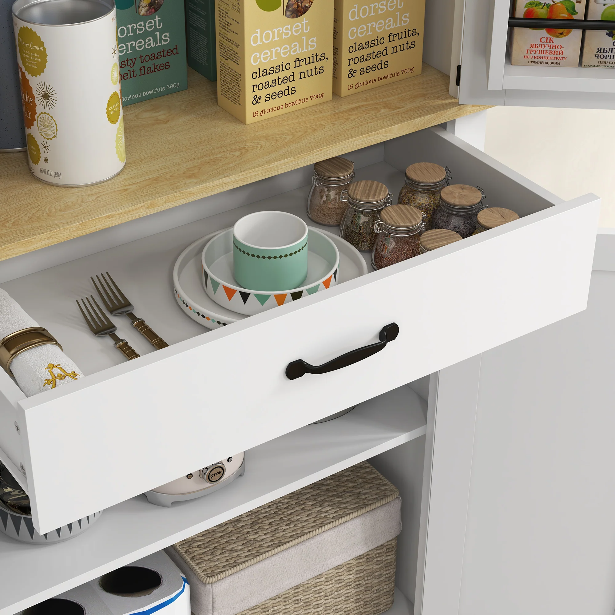 Armoire de cuisine buffet cuisine vaisselier meuble de rangement, avec 4 portes, 6 étagères à porte,1 tiroir et étagères réglables, multi-rangements, 76,5 x 40 x 181 cm, blanc - Image 10