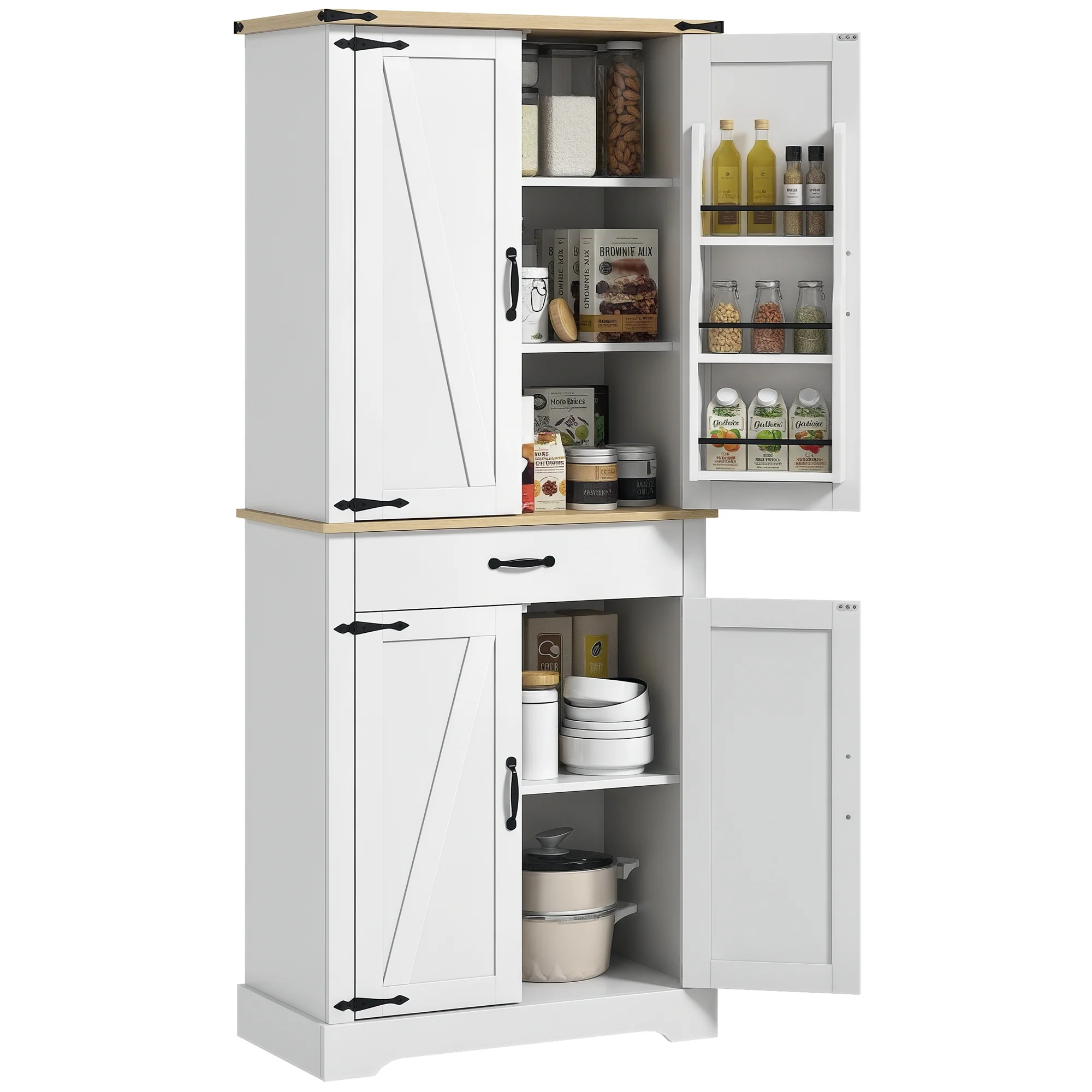 Armoire de cuisine buffet cuisine vaisselier meuble de rangement, avec 4 portes, 6 étagères à porte,1 tiroir et étagères réglables, multi-rangements, 76,5 x 40 x 181 cm, blanc - Image 11
