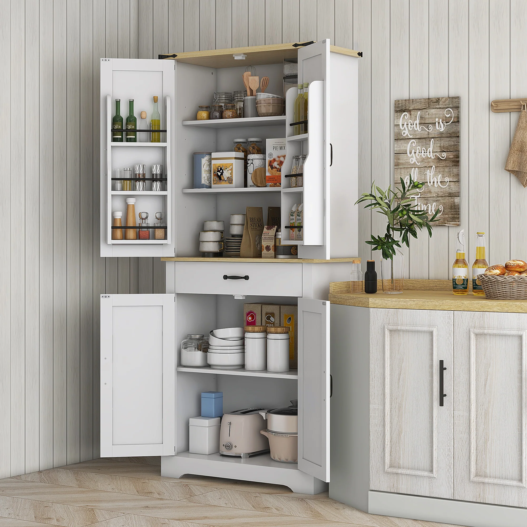 Armoire de cuisine buffet cuisine vaisselier meuble de rangement, avec 4 portes, 6 étagères à porte,1 tiroir et étagères réglables, multi-rangements, 76,5 x 40 x 181 cm, blanc - Image 3