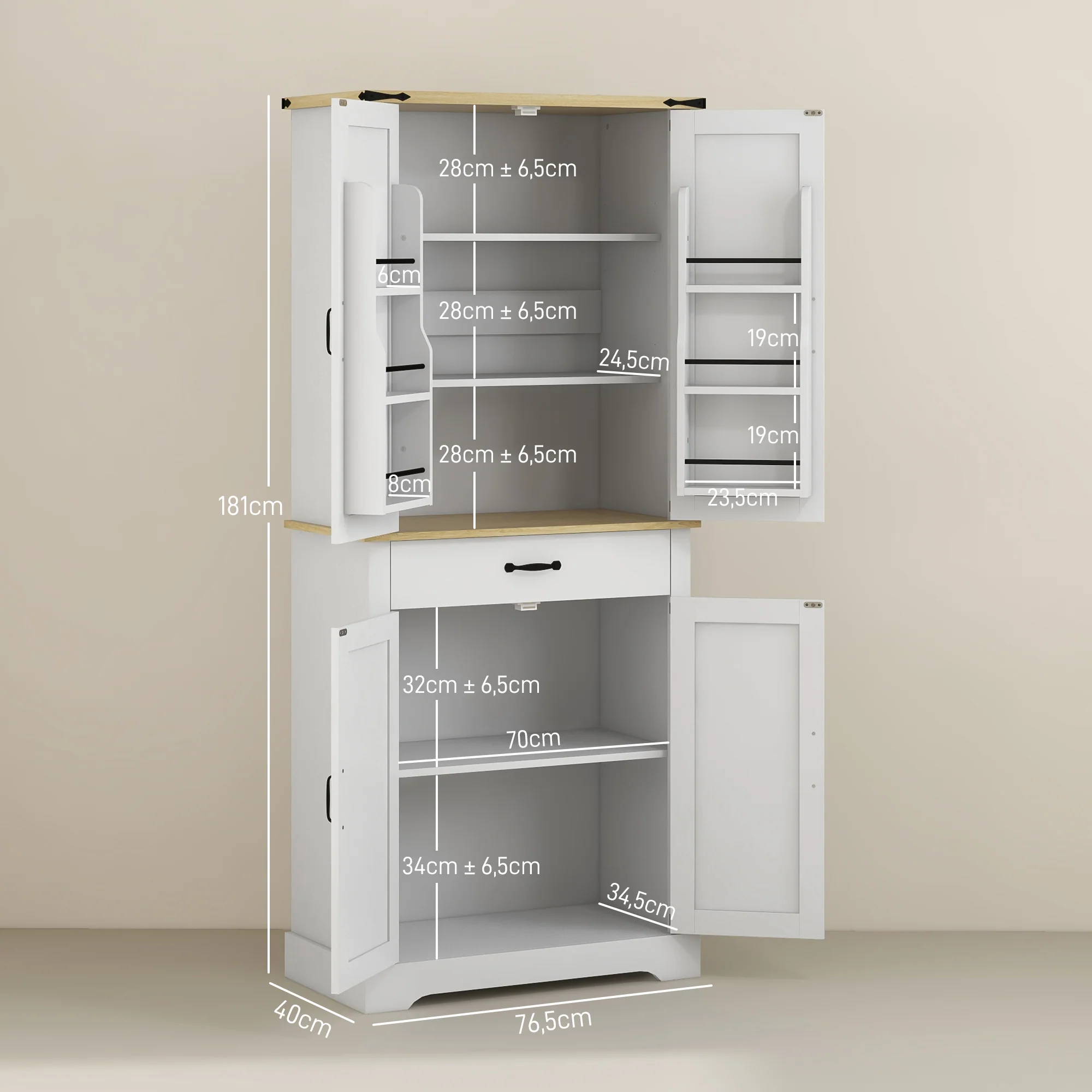 Armoire de cuisine buffet cuisine vaisselier meuble de rangement, avec 4 portes, 6 étagères à porte,1 tiroir et étagères réglables, multi-rangements, 76,5 x 40 x 181 cm, blanc - Image 4