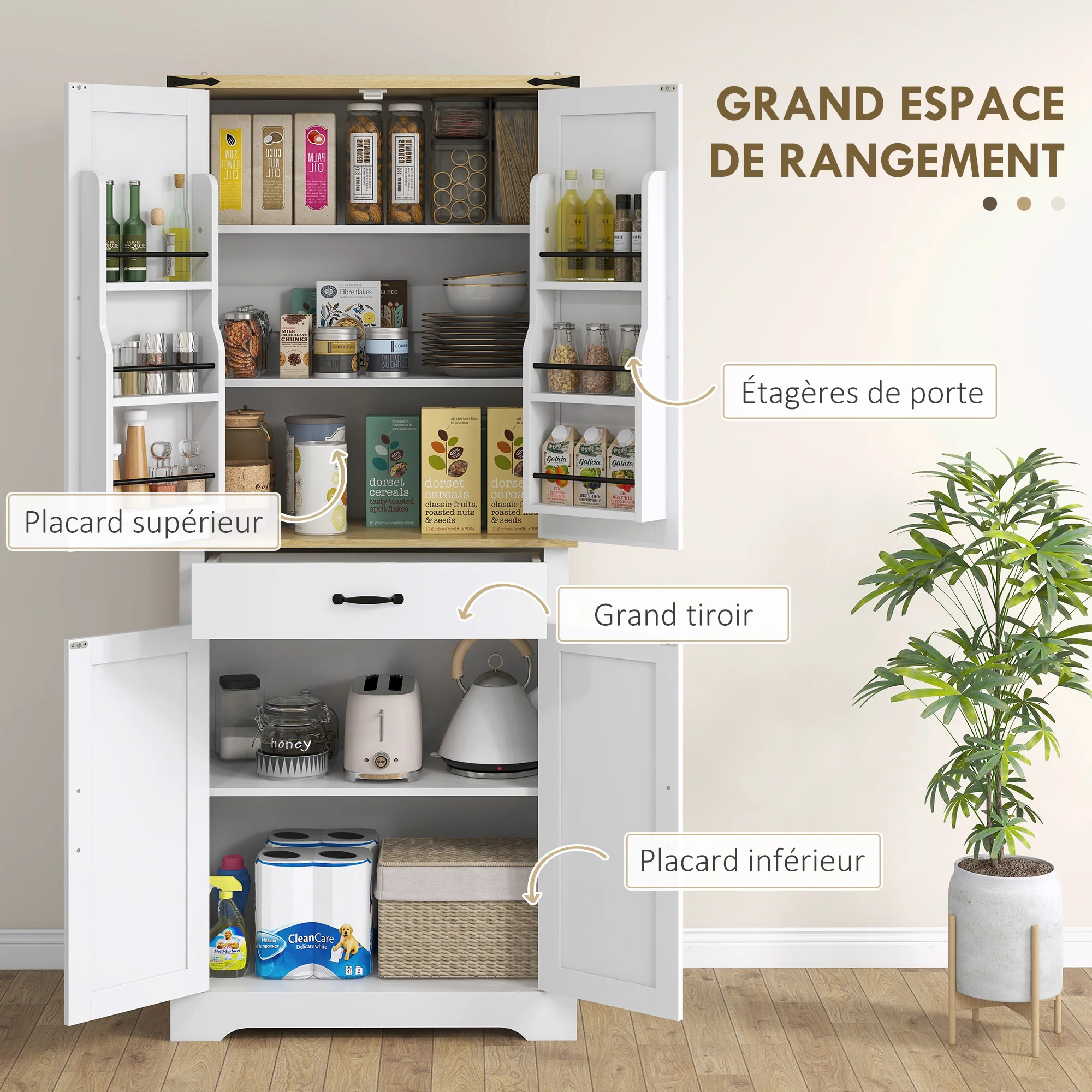 Armoire de cuisine buffet cuisine vaisselier meuble de rangement, avec 4 portes, 6 étagères à porte,1 tiroir et étagères réglables, multi-rangements, 76,5 x 40 x 181 cm, blanc - Image 5