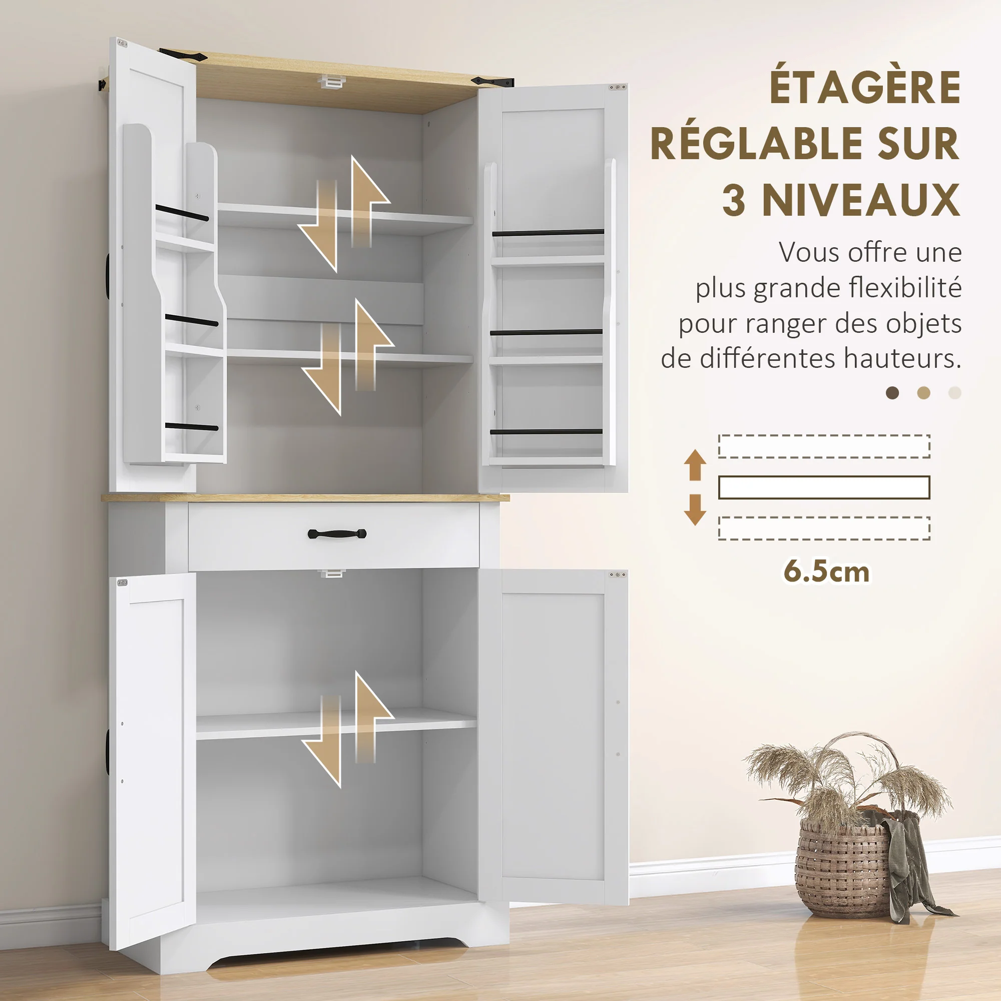 Armoire de cuisine buffet cuisine vaisselier meuble de rangement, avec 4 portes, 6 étagères à porte,1 tiroir et étagères réglables, multi-rangements, 76,5 x 40 x 181 cm, blanc - Image 7
