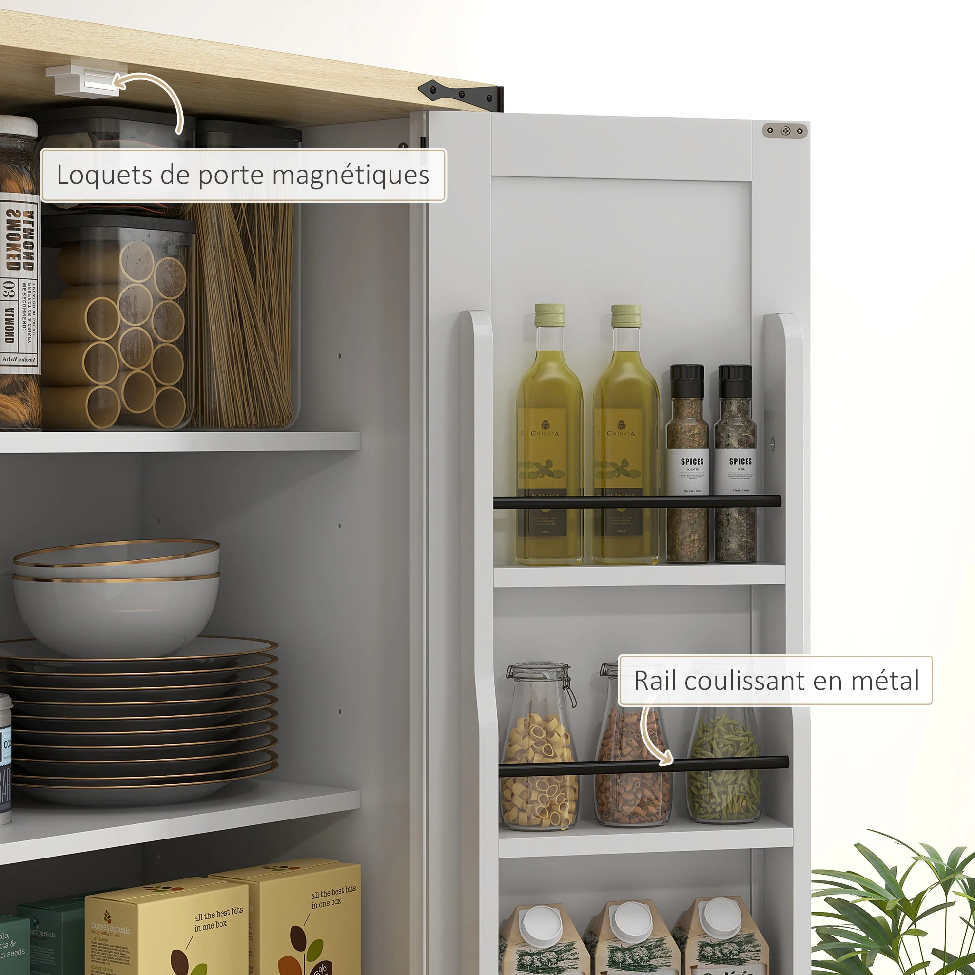 Armoire de cuisine buffet cuisine vaisselier meuble de rangement, avec 4 portes, 6 étagères à porte,1 tiroir et étagères réglables, multi-rangements, 76,5 x 40 x 181 cm, blanc - Image 9