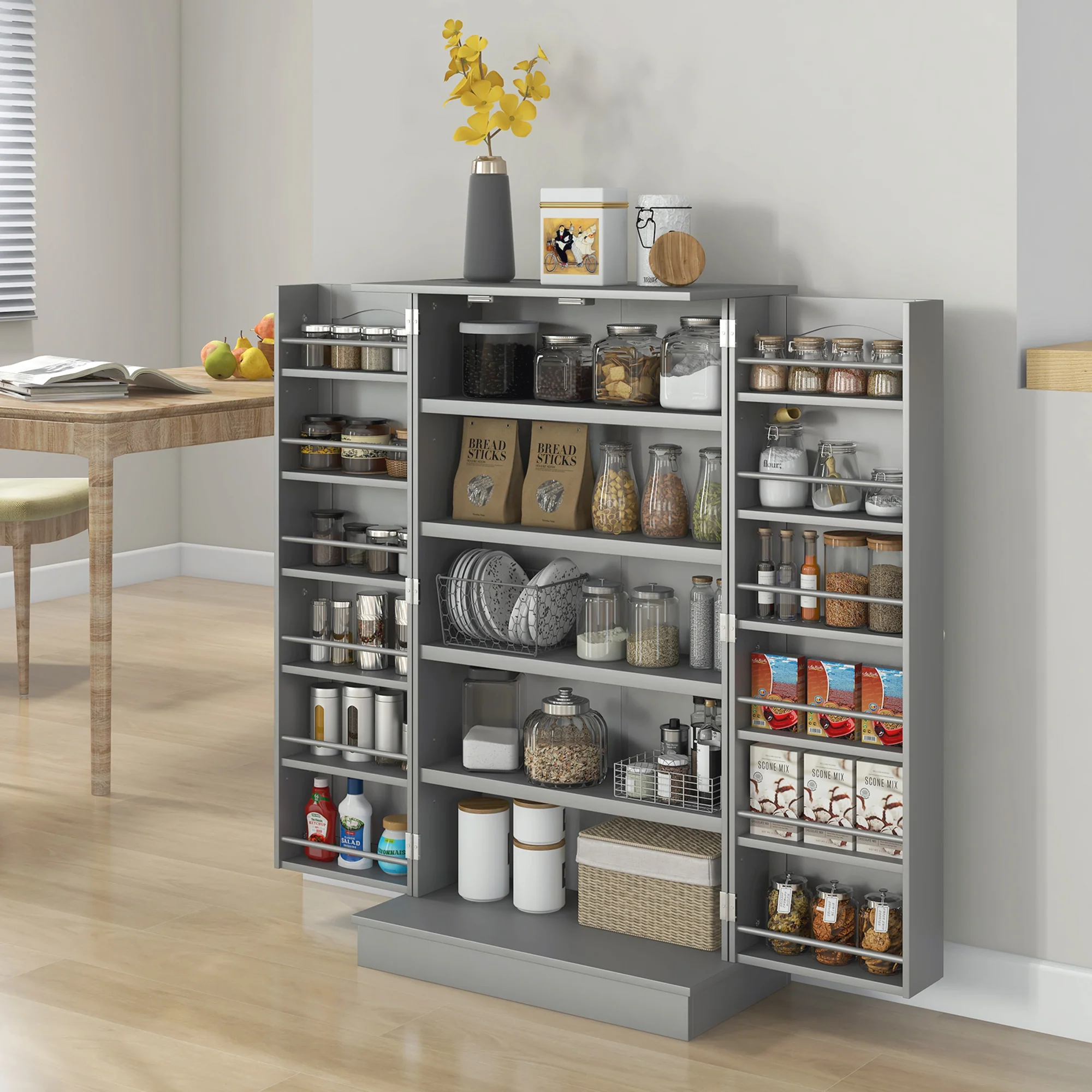 Armoire de cuisine buffet cuisine vaisselier meuble de rangement moderne avec placards, étagère réglable et 12 porte-épices, garde-manger pour salle à manger, salon, 60 x 30 x 104 cm, gris - Image 3