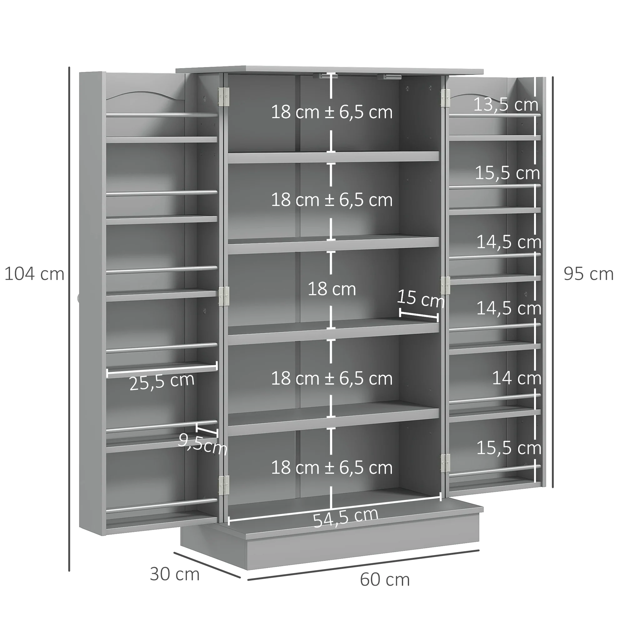 Armoire de cuisine buffet cuisine vaisselier meuble de rangement moderne avec placards, étagère réglable et 12 porte-épices, garde-manger pour salle à manger, salon, 60 x 30 x 104 cm, gris - Image 4