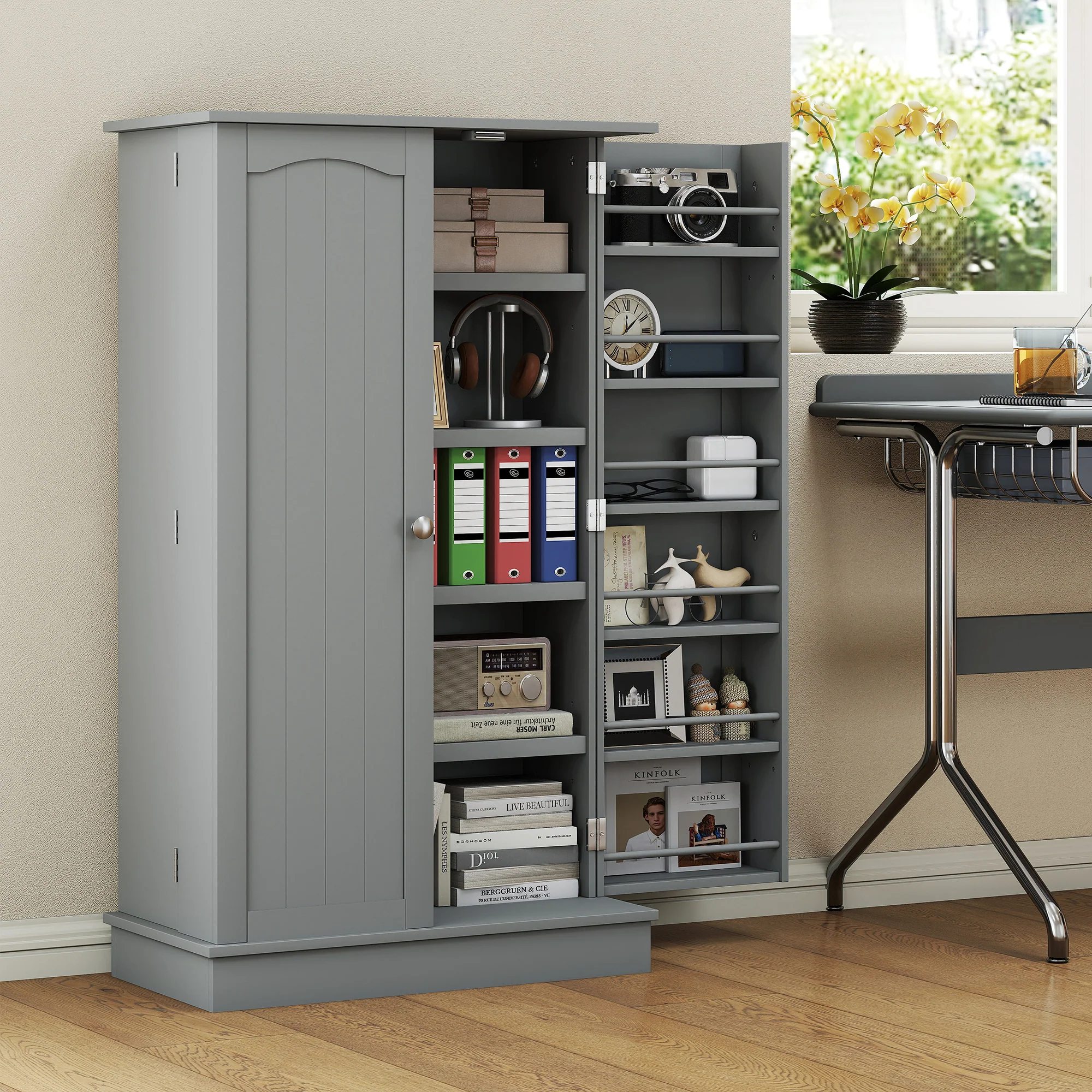 Armoire de cuisine buffet cuisine vaisselier meuble de rangement moderne avec placards, étagère réglable et 12 porte-épices, garde-manger pour salle à manger, salon, 60 x 30 x 104 cm, gris - Image 9